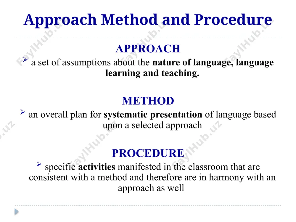 e method and in harmony with the approach taxonomy of language learning techniques controlled: drill, dictation, copying semi-controlled: dialogue, info transfer, brainstorming free: problem-solving, drama, interview let’s think about this … if we mention the following concepts, can we determine if we are talking about an approach, method or procedure/technique? role play/ communicaive language teaching,clt/ cognitivims/ grammar translation/ interview/ audiolingualism/ dictation/ behaviourism/ drills/ the silent way / suggestopedia / innativism / copying summary approach method procedure theories about the nature of language structural functional cognitive or interactional theories of language learning behaviourism nativism constructivism grammar-translation direct method audio-lingual method community language learning suggestopedia the silent way total physical response community language learning the natural way communicative language teaching techniques activities controlled semi controlled free language teaching methods: grammar translation in this method, classes are taught in the students' mother tongue, with little active use of the target language. vocabulary is …