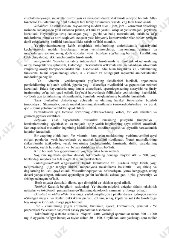 o’chqalarda hara-katning susayishi, spermiogenezning buzilishi, patologik shakllardagi urug’ hujayralarining paydo bo’lishi kabi o’ziga xos o’zgarishlar paydo bo’ladi. patologoanatomik o’zgarishlari. teri, ko’z va tuyoqlarning shoxsimon qavati, shuningdek, nafas yo’llari, hazm kanali va siydik – tanosil a’zolar shilliq pardasi epiteliysida metaplaziya, bezlar atrofiyasi hamda yallig’lanish rivojlanishi va ba’zan yarali buzilishlar qayd etiladi. ko’p hollarda kasallik yog’li gepatoz, nefroz va osteodistrofiya bilan birgalikda rivojlanadi. tashhisi. kasallik belgilari, rasiondagi karotin va a-vitamin miqdorlari, qon, uviz (sut va jigar namunalarini karotin va retinolga tekshirish natijalari e’tiborga olinadi. qiyosiy tashhisi. kasallik telyazioz, riketsiyali kerato-kon’yunktivit, nafas hamda ovqat hazm qilish tizimlarida kechadigan ayrim yuqumli kasalliklardan farqlanadi. prognozi. o’z vaqtida davolangan paytlarda kasal hayvon sog’ayadi. davolash. rasionga karotin yoki a- vitaminga boy oziqalar (pichan, senaj, silos, o’t uni, sabzi, yoz oylarida esa yashil oziqalar kiritiladi. kasal hayvonlarni davolashda retinol asetatning yog’li eritmalari, mikrovit – a, vitaminli baliq yog’i, trivitamin, trivit, ayevit, tetromag va boshqa preparatlar qo’llaniladi. ularning dozasini …