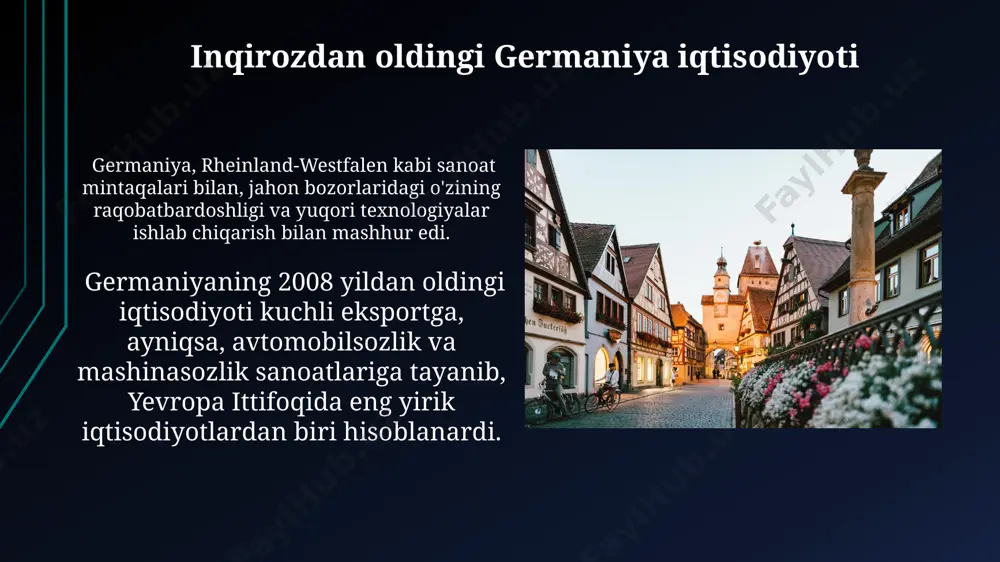 длади. avtomobil sanoati va inqiroz volkswagen, bmw va mercedes-benz kabi yirik nemis avtomobil ishlab chiqaruvchilari inqiroz davrida davlat yordamiga muhtoj bo'lib qolishdi, ularga 20 milliard evrodan ortiq mablag' ajratildi. germaniyaning avtomobil sanoati 2008-2009 yillardagi global iqtisodiy inqirozdan jiddiy zarar ko'rdi, ishlab chiqarish hajmi 20% ga kamaydi va ishsizlik darajasi 5% ga oshdi, ayniqsa saksoniya va bavariya kabi federal yerlarda. e'tiboringiz uchun rahmat @taqdimot_robot image1.jpg image2.jpg image3.jpg image4.jpg image5.jpg image6.jpg image7.jpg image8.jpg image9.jpg