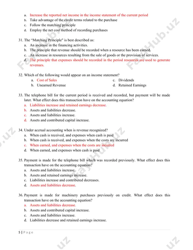 errors. c. repetitive transactions are handled quickly and efficiently. d. different accounting principles are applied. 30. if an accounting manager asks you to delay recording an invoice for the purchase of merchandise until after the closing of the general ledger, but include the merchandise in the physical count of the ending merchandise inventory (periodic inventory method), the manager is attempting to do which of the following? a. increase the reported net income in the income statement of the current period b. take advantage of the credit terms related to the purchase c. follow the matching principle d. employ the net cost method of recording purchases 31. the “matching principle" is best described as: a. an increase in the financing activities. b. the principle that revenue should be recorded when a resource has been earned. c. an increase in resources resulting from the sale of goods or the provision of services. …