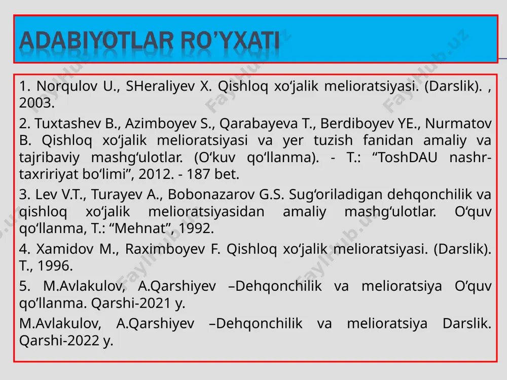 a yerlar 4760,4 ming gektarni tashkil qiladi. * 275 mln.ga sug‘oriladigan maydonlarning 20 foizi ekin ekiladigan yerlar hisoblanadi; dunyodagi oziq-ovqat mahsulotlarining 45 foizi ushbu maydonlarda ishlab chiqariladi. kishi boshiga to‘g‘ri keladigan maydon, ga/kishi * sug‘oriladigan yerlardan samarali foydalanish, tuproq unumdorligini oshirib borish, har bir gektar yerdan kafolatlangan yuqori, sifatli va arzon maxsulot olish eng muham vazifa bo‘lib kelmoqda. bu vazifalarni hal qilishda melioratsiya fanining ahamiyati juda kattadir. shu bilan birga sug‘oriladigan yerlar tarkibida juda unumsiz qum va qumloq, toshloq, shag‘al tuproqlar keng tarqalgan. yuqorida ko‘rsatib o‘tilgan yerlardan unumli foydalanish uchun melioratsiya tadbirlari zaruriy omillardir. * 2. fanning rivojlanish tarixi va istiqboli, qishloq xo‘jalik mahsulotlarini yetishtirishdagi roli. tarixiy ma’lumotlarga qaraganda o‘rta osiyoda eramizdan oldingi ix-xiii asrlardayoq sug‘orish melioratsiyasi mavjud bo‘lgan. bunga misol qilib baqtriya, xorazm, sug‘diyona davlatlarida katta sug‘orish inshootlari, sug‘orish tarmoqdari, suv to‘plash inshootlari qurilib foydalanilganligini ko‘rsatish mumkin. o‘rta osiyoda melioratsiya sohasi bo‘yicha ilmiy ishlar xix asrning oxirlarida boshlandi. bu …