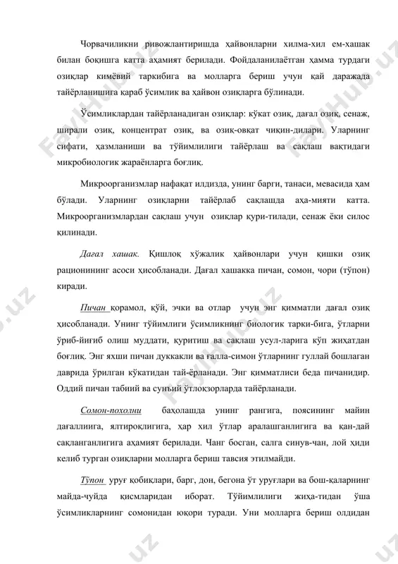 шдан мақсад, ўсимликларнинг ор-тиқча сувини йўқотиб, органик моддаларни тўла сақлашдир. қу-ритиш натижасида бактериялар ва замбуруғларда алмашинув жара-ёни пасаяди ва улар тез ривожланмайди. иссиқлик ]20 ос да дан, намлик 17% дан ошса, турли микроорганизмлар яхши ривожлана бошлайди. замбуруғлар эса намлик 15%, иссиқлик ]10 ос да ҳам яхши ривожланади. натижада пичандаги озиқ моддалар пар-чаланиб, қора рангли бўлиб қолади. сенаж - бу консервалаш бўлиб, 50-55% сўлитиб олинган ўт-лардан тайёрланади. сенаж бостирилган жойга сув ва ҳаво кир-маслиги керак. сенаж силослашдан кескин фарқ қилади. силос асосан сут кислотасининг ачиши, қандда органик кислоталарнинг тўпланиши ҳисобига консервация қилинади. сенаж тайёрлашда эса бундай жараён бўлмайди. у кўп йиллик ўтлардан, асосан бошоқли ва дуккакли ўсимликлардан тайёрланади. силос чорва молларни қишда, қурғоқчил худудларда эса ёзда ҳам, яъни хужаликда бошқа турдаги ширали озиқлар етишмай қолган пайтда арзон, сершира озиқ билан таъминлаш имконини беради. силослаш тўғри ташкил қилинганда, ўтлардаги қимматли озиқ моддалар-оқсил, витамин ва бошқалар тўла сақланиб қолади. озиқларни истеъмол қилиш учун …