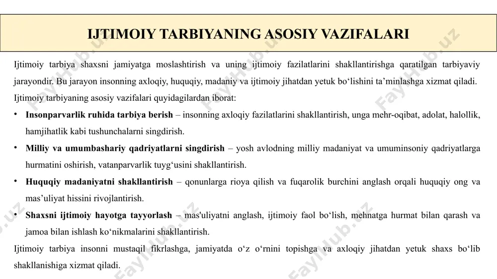 iqlikni o‘rganadigan fan (sotsiologiya) 7. tarbiyaning uzluksiz bo‘lishi zarurati haqida gapiradigan tamoyil. (uzluksizlik) 8. tarbiyaning asosiy vazifalaridan biri, yosh avlodga qonunlarga rioya qilishni o‘rgatish (huquqiy madaniyat) 9. shaxsning ijtimoiy va axloqiy jihatdan shakllanishiga yo‘naltirilgan jarayon (tarbiya) 1. shaxsga nisbatan hurmat va uning qadr-qimmatini e’tirof etish tamoyili (insonparvarlik) 2. yosh avlodni mustaqil fikrlash va faoliyatga undash tamoyili (amaliy faollik) 3. shaxsni ijtimoiy hayotga tayyorlashda muhim rol o‘ynaydigan tarbiya tamoyili. (jamoada tarbiyalash) 5. tarbiya nazariyasi bilan bog‘liq fan, inson tabiatini o‘rganadi (falsafa) image1.png image2.png /docprops/thumbnail.jpeg