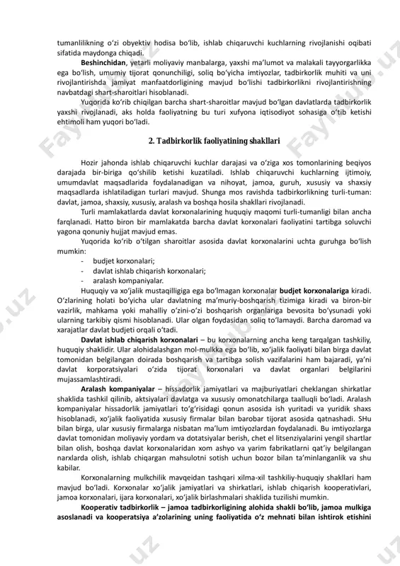 lib quyidagicha ta’rif berish mumkin: tadbirkorlik faoliyati – shakli va sohasidan qat’iy nazar foyda olish va undan samarali foydalanish maqsadiga qaratilgan iqtisodiy faoliyatdir. tadbirkorlikning rivojlanishi, oʻz navbatida, bir qator sharoitlarning mavjud boʻlishini taqozo etib, ular asosida umuman tovar ishlab chiqarishning umumiy ijtimoiy-iqtisodiy shart- sharoitlari yotadi. birinchidan, tadbirkor xoʻjalik yuritishda uning biron turini tanlash, ishlab chiqarish jarayonini amalga oshirish, uni oʻzgarishlarga moslashtirish, manbalarni tanlash, resurs topish, mahsulot sotish, ularga baho belgilash, foydani tasarruf qilish va shu kabilar boʻyicha ma’lum xuquq va erkinliklar mavjud boʻlishini taqozo etadi. ikkinchidan, tadbirkor ishlab chiqarish vositalariga, ishlab chiqarilgan mahsulot va olingan daromadga mulkchilik xuquqiga ega boʻlishi kerak. tadbirkorlik faoliyati mulkdorning oʻzi tomonidan ham, uning mol-mulki asosida ish yurituvchi subyekt tomonidan ham amalga oshirilishi mumkin. uchinchidan, xoʻjalik yuritish yoʻlini erkin tanlash, daromadni investitsiyalash imkoniyati va shu kabilarni real ta’minlaydigan ma’lum iqtisodiy muhit va ijtimoiy siyosiy sharoit yaratishi zarur. toʻrtinchidan, tadbirkorlik mulkchilik va oʻzlashtirish turli-tuman shakllari va turlarining …