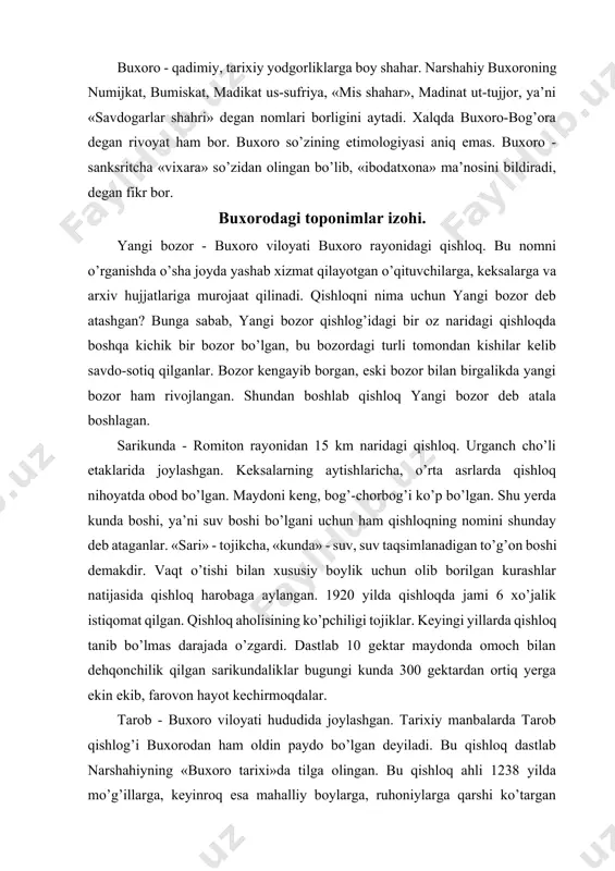 tijasida qishloq harobaga aylangan. 1920 yilda qishloqda jami 6 xo’jalik istiqomat qilgan. qishloq aholisining ko’pchiligi tojiklar. keyingi yillarda qishloq tanib bo’lmas darajada o’zgardi. dastlab 10 gektar maydonda omoch bilan dehqonchilik qilgan sarikundaliklar bugungi kunda 300 gektardan ortiq yerga ekin ekib, farovon hayot kechirmoqdalar. tarob - buxoro viloyati hududida joylashgan. tarixiy manbalarda tarob qishlog’i buxorodan ham oldin paydo bo’lgan deyiladi. bu qishloq dastlab narshahiyning «buxoro tarixi»da tilga olingan. bu qishloq ahli 1238 yilda mo’g’illarga, keyinroq esa mahalliy boylarga, ruhoniylarga qarshi ko’targan qo’zg’olonlari bilan mashhurdir. tarob so’zining etimologiyasi ma’lum emas. mahmud torobiy ham shu qishloqdan chiqqan. toqi sarrofon - buxoro shahridagi bozor. toq so’zi qadimiy me’morchilik atamalaridan biri bo’lib, «arkli bino» ma’nosini anglatadi. buxoro xonligida usti yopilgan bozor toq deyilgan. masalan, toqi telpakfurushon - telpak sotuvchilar, toqi saroffon ham shunday bozorlardan biridir. sarrof - pul «maydalovchi» demakdir. o’rta asrlarda buxoroning kesh (shahrisabz) darvozasi yaqinidagi bir mahalla rasattoq (arabcha «ark boshi») deb atalgan. …