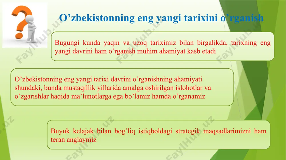 adrlar tayyorlash milliy dasturi” “maktab ta’limini rivojlantirishning umummilliy dasturi” birinchi prezident islom karimov (1938-2016 y.) tomonidan mamlakatning tarixchi olimlari va jurnalistlari bilan o‘tkazilgan suhbat (1998 yil 26 iyun) hamda “tarixiy xotirasiz kelajak yo‘q” nomli asarda (1998) o‘z ifodasini topgan. zero, “tarix xalq ma’naviyatining asosidir”. sh.rashidov (1917-1983 y.) respublikaga rahbarlik qilgan yillarda (1950-1983 y.) qator bunyodkorlik ishlari bilan birga qishloq xoʻjaligi yerlaridan ekstensiv foydalanish oqibatida ekologik vaziyatning buzilishi, paxta yakkahokimligining qaror topishi kabi noxush holatlar ham yuz berdi. rashidov vafotidan soʻng markaz tomonidan totalitar tuzumning barcha kirdikorlari unga yuklanib, 80-yillar qatagʻonida nohaq qoralandi. o‘zbekiston prezidenti shavkat mirziyoyev 2017 yil 27 mart kuni «atoqli davlat arbobi va yozuvchi sharof rashidov tavalludining 100 yilligini nishonlash to‘g‘risida"gi qarorga imzo chekdi. o‘zbekiston respublikasi prezidenti shavkat mirziyoyev: “...har bir suveren davlat o‘zining betakror tarixi va madaniyatiga egadir. bu tarix, bu madaniyatning haqiqiy ijodkori, yaratuvchisi esa, haqli ravishda shu mamlakat xalqi hisoblanadi. o‘zbek xalqining necha ming yillik …