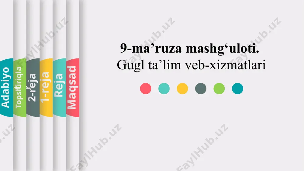 onlayn ko‘rishlari mumkin. reja nazariy 1-reja 2-reja topshiriq adabiyot • google mail (ruscha: гугл почта) – biz bunda gmail.com domeni orqali elektron pochta xizmatidan foydalanishimiz mumkin, masalan: murodovsh94@gmail.com reja nazariy 1-reja 2-reja topshiriq adabiyot • google meet – onlayn uchrashuvlarni tashkil qilish va video-qo‘ng‘iroqlar uchun ajoyib sahifa. reja nazariy 1-reja 2-reja topshiriq adabiyot • google gemini – o‘zingizni qiziqtirgan masalalar bo‘yicha sun’iy intellekt bilan suhbat tashkil etish uchun ajoyib imkoniyatni taqdim etadi (ushbu xizmatdan foydalanish uchun siz akkauntga kirgan bo‘lishingiz lozim). reja nazariy 1-reja 2-reja topshiriq adabiyot • google chat – sheriklaringiz bilan onlayn aloqalar o‘rnatish va hamkorlikda ishlash uchun eng qulay xizmat sanaladi. reja nazariy 1-reja 2-reja topshiriq adabiyot • google contacts (ruscha: гугл контакты) – bunda bir yoki bir nechta sheriklaringiz bilan ularning ismi-sharifi, telefon nomeri, ish joyi, lavozimi va boshqa ma’lumotlarini saqlab qo‘ygan holda onlayn aloqa bog‘lashingiz mumkin. reja nazariy 1-reja 2-reja topshiriq adabiyot • google drive …