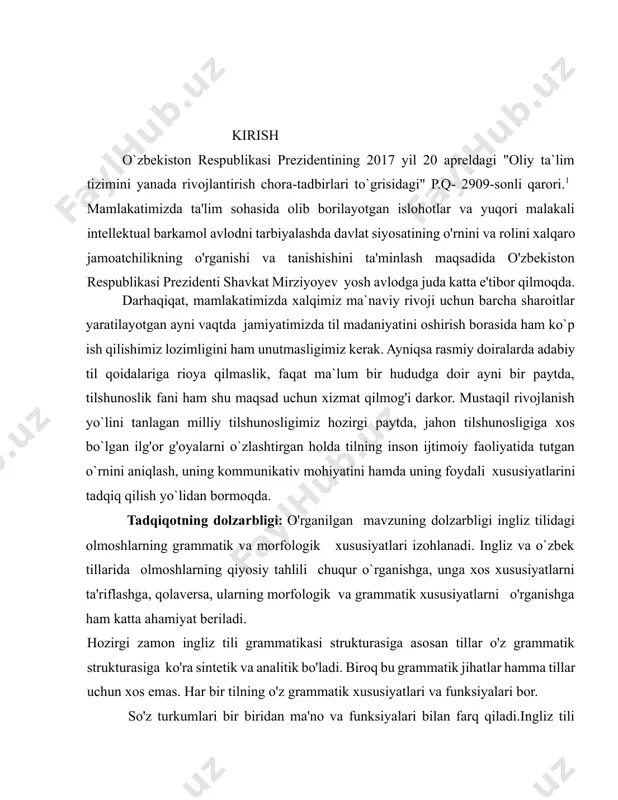 ilansa, ikkinchi tomondan sintaktik - semantikga ega bo`lgan olmoshlarning masalasi batafsil tavsifsiz qolib kelayotganligi bilan izohlanadi. bitiruv malakaviy ishning maqsad va vazifalari:. .mazkur bitiruv malakaviy ishining maqsadi some va any olmoshlarinig gapdagi ishtirokiga ko'ra sintaktik-semantik tahlil qilish. bu olmoshlarini sintaktik-semantik tahlil qilishda ingliz yozuvchilarining asl asarlaridan foydalanildi va ularning gapda turli sintaktik-semantik ma'nolarda kelganligini isbotlashdan iborat bo'ldi. hozirgi zamon ingliz tilidagi olmoshlarining morfologik va sintaktik xususiyatlarini nazariy va amaliy jihatdan, shuningdek sintaktik-semantik jihatdan har tomonlama o'rganib chiqishdir. ushbu maqsadni amalga oshirish uchun quyidagilar vazifa qilib belgilandi: -hozirgi zamon ingliz tilida olmoshlarini o'rganish bo'yicha olib borilayotgan ilmiy-nazariy ishlarni ko'rib chiqish va ularga munosabat bildirish. ushbu malakaviy bitiruv ishining asosiy maqsadi. - olmoshlarining sintaktik -semantik tahlili. -zamonaviy ingliz va amerika yozuvchilarining badiiy asarlaridan olingan misollardan foydalanib, olmoshlarinig sintaktik va semantik xususiyatlarini har tomonlama o'rganib chiqishdir. bitiruv malakaviy ishning obyekti : ushbu bitiruv malakaviy ishining obyekti sifatida some va any olmoshlari va ulaming …