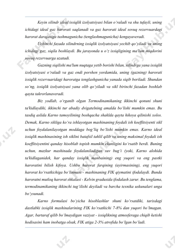u 1828-yili iste'foga chiqishga majbur bo‘ladi. nikolo sadi karno 1832-yilda, birdaniga xolera va qizilcha kasalliklariga duchor bo‘lib, juda erta - 36 yoshida vafot etdi. uning 1824-yilda nashrdan chiqqan "alangani harakatlantiruvchi kuch va bu kuchni rivojlantira oladigan mashinalar haqida mulohaza" (fransuzcha: "reflexions sur la puissance motrice du feu et sur les machines propres - d'velopper cette puissance") asari, hayotligida ulgurgan yagona ilmiy ishi bo‘ldi. karno shunday yozadi: "issiqlik - harakatlantiruvchi kuch, aniqrog‘i, o‘z ko‘rinishini o‘zgartirgan harakatdan boshqa narsa emas; harakatlantiruvchi kuchni so‘ndirish yuz berayotgan har qanday joyda, yo‘qotilayotgan harakatlantiruvchi kuchga aniq proportsional miqdordagi issiqlik paydo bo‘ladi. shu tarzda, shunday umumiy qoidani keltirib chiqarish mumkin: harakatlantiruvchi kuch tabiatda o‘zgarmas miqdorda doimo mavjud; u hech qachon paydo bo‘lmaydi, hech qachon yo‘qolib qolmaydi; amalda u faqat shaklini o‘zgartiradi, ya'ni ba'zan unday, ba'zan bunday turdagi harakatni yuzaga keltiradi, lekin o‘zi hech qachon yo‘qqa aylanmaydi. menda issiqlik nazariyasi yuzasidan paydo bo‘lgan ba'zi tushunchalarimga ko‘ra, bir birlik …