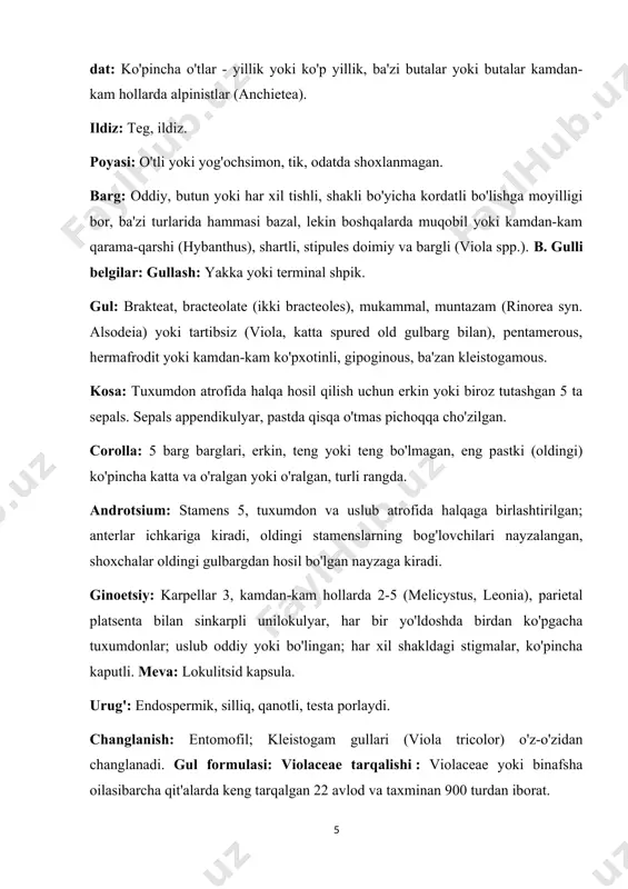 lgan gullari yo'tal, gripp va nafas olish yo'llari kasalliklariga qarshi, hybanthus enneaspermus ildizlari siydik yo'llari infektsiyalari va gonoreyada qo'llaniladi. 2. yog ': viola odorata gullaridan olingan moy parfyumeriya ishlab chiqarishda ishlatiladi, barglari esa xushbo'y sovunlarda ishlatiladigan efir moyini beradi. 3. bezaklar: violalar, binafshalar (viola odorata) va pensies (v. tricolor) go'zal va rang-barang gullari uchun odatda bog'larda etishtiriladi. violaceae o'rtasidagi yaqinlik : oilaning filogenetik pozitsiyasi noaniq. vettshteyn, bentam va xuker uni parietales tartibida joylashtirdilar. rendle guttales tarkibiga kiradi. hellier violaceae o'simligi balsaminaceae o'xshashligini aytdi; flacourtiaceae va turneraceae shoxli gul tojlari tufayli va shuning uchun uni poligalinlarning ibtidoiy a'zosi sifatida kiritgan. xatchinson uni violalesga joylashtirdi. oilaning keng tarqalgan o'simliklari : 1. viola odorta l.: shirin binafsha yoki yovvoyi pansy - manzarali o'simliklar. 2. viola kanina: it binafsha. yetishtirilgan; o'pka kasalliklarida ishlatiladigan barglar. 3. hybanthus (syn. lonidium) enneaspermus: bolalarning ichak kasalliklari uchun ishlatiladigan ildizlar. oila va bosh avlod bo'limi : violaceae kenja oilalarga …