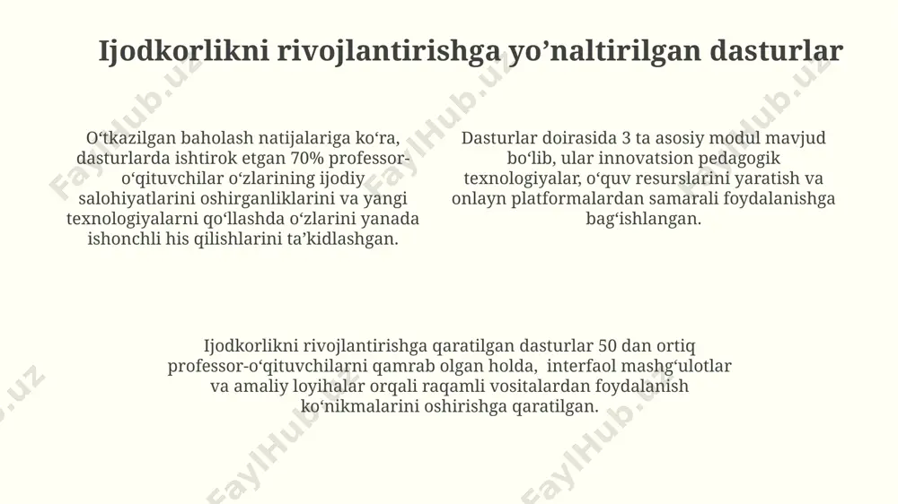 logiyalar yordamida interfaol o'yinlar, simulyatsiyalar va virtual laboratoriyalarni yaratish orqali, o'quv jarayonini 30% ga qiziqarli va samaraliroq qiladi. zamonaviy texnologiyalar va pedagogik ijodkorlik onlayn platformalardan foydalanish o'qituvchilarning pedagogik ijodkorligini 15% ga oshirib, 500 dan ortiq o'quv resurslariga kirish imkoniyatini taqdim etadi. zamonaviy texnologiyalar, masalan, vr/ar texnologiyalari, o'qituvchilarga 3d modellashtirish orqali 20% ga samaraliroq va jozibaliroq darslar yaratish imkonini beradi. interaktiv o'yinlar va simulyatsiyalarni qo'llash orqali o'quv jarayonini 30% qiziqarliroq qilish mumkin, bu esa o'qituvchilarning ijodkorligini rag'batlantiradi va o'quv natijalarini yaxshilaydi. kritik fikrlash va ijodkorlik o’rtasidagi bog’liqlik tanqidiy fikrlash ko'nikmalari rivojlangan o'qituvchilarning 30% gacha ijodkorlik darajasi yuqori ekanligi tadqiqotlar orqali tasdiqlangan. tanqidiy fikrlash, g'oyalarni baholash va tanlash, shuningdek yangi yechimlarni yaratishda ijodkorlikka 2 barobar samaradorlik bag'ishlaydi. ijodkorlik jarayonida 5 bosqich mavjud bo'lib, tanqidiy fikrlash har bir bosqichda, ayniqsa muammo aniqlash va yechim ishlab chiqishda muhim rol o'ynaydi. o’z-o’zini rivojlantirish va ijodkorlik ijodkorlikni rivojlantirish uchun kamida 2 soatlik muntazam o'z ustida ishlash, …
