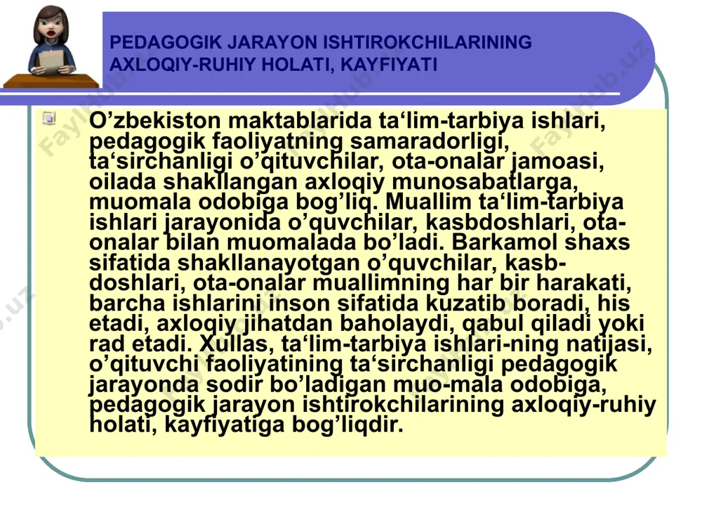 y tajriba, xulqiy odatlar jamiyatda qabul qilingan umuminsoniy, milliy axloq mezonlariga mos kelmasligi; bolada ilgari shakllangan qiziqish va istaklar axloqiy tarbiyaning maqsadiga to’g’ri kelmasligi; bolaning irodasi, o’zni tuta bilish darajasi bilan tarbiyachi o’qituvchining talablari bir – biriga to’g’ri kelmasligi; bolaning jamoada o’z o’rnini topishga bo’lgan intilish bilan o’z manfaatlarini jamoatning manfaatlariga bo’ysundirirsh zarurligini bir – biriga mos kelmasiligi; tarbiyachi, o’qituvchining pedagogik, axloqiy madaniyat darajasi o’quvchilarni axloqiy tarbiyalash sohasida kun tartibiga qo’yilayotgan vazifalar, talablarga mos kelmasligi. bozor iqtisodiyotiga asoslangan jamiyatda axloqiy tarbiya jarayoniga xos qarama-qarshilikalar manfatdorlik axloqliy - ruhiy omillar, shuningdek, muhit ta‘sirida sodir bo’lishi mumkin. bunday faktorldar qatoriga qo’ydagilar kiradi: pedagogning talabalar bilan o’zaro muommalasi pedagogik axloqda ta‘lim-tarbiya jarayonida vujudga kelib, an‘anaga aylanib qolgan ayrim qoidalar sub‘ektiv qarama-qarshiliklar va konflektlarning kelib chiqishiga sabab bo’lishi ko’rsatilgan. masalan, shunday qoidalardan biri–har qanday holatda ham o’quvchi oldida muallimning obrusni saqlash kerak, degan tushunchadir. bu qoidaga amal qilaman deb, muallim ba‘zan o’z vijdoniga qarshi …