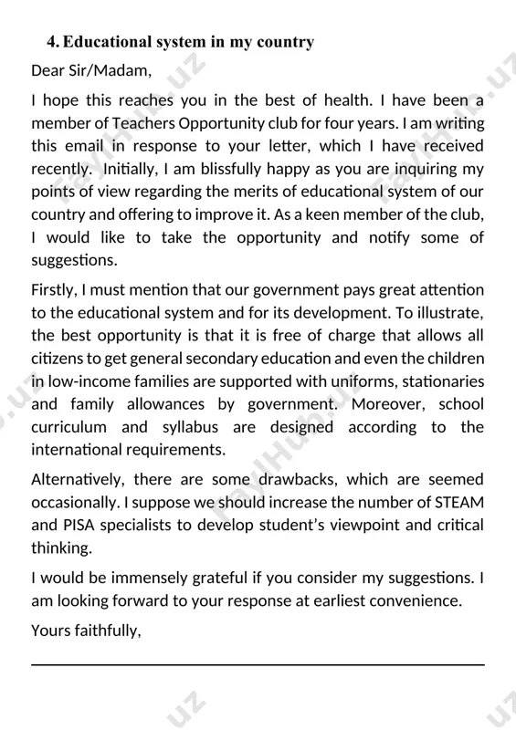 riting, so i can teach writing techniques and strategies to other members. i can suggest the topic “techniques and strategies of writing scientific articles” that is an appealing and challenging for members. it appears that the topic will be the most essential and productive for all participants of our club. i would be immensely grateful if you consider my suggestions. i am looking forward to your response at earliest convenience. yours faithfully, 6. teacher training club dear sir/madam, i hope this reaches you in the best of health. i have been a member of teacher training club for four years. i am writing this email in response to your letter, which i have received recently. initially, i am blissfully happy as you are inquiring my points of view regarding the importance of warming up activity in class during the lesson. as a keen member of the club, i would like …