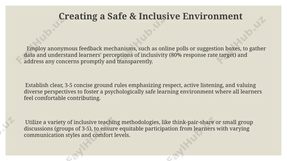 thinking skills. implement low-stakes, formative assessments like quick writes or "think-pair-share" activities (minimum of 3 per unit) to gauge understanding and encourage risk-taking in sharing perspectives. utilizing technology effectively interactive polls and quizzes, using platforms like mentimeter or kahoot!, can boost engagement by 20-30% by providing immediate feedback and fostering a sense of gamified competition amongst learners. utilizing short, engaging video clips (under 3 minutes) interspersed within lectures or presentations, and followed by short discussion prompts, maintains focus and encourages learner participation by 15% based on studies of attention spans. employing collaborative online whiteboards like miro or jamboard allows for real-time brainstorming and idea generation, increasing participation from 5 to 10 students simultaneously and visually representing group contributions. thank you for your attention @taqdimot_robot