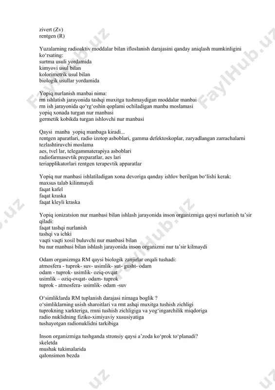 rkteriga, rmni tushish zichligiga va yog‘ingarchilik miqdoriga radio nuklidning fiziko-ximiyaviy xususiyatiga tushayotgan radionuklidni tarkibiga inson organizmiga tushganda stronsiy qaysi a’zoda ko‘prok to‘planadi? skeletda mushak tukimalarida qalonsimon bezda pochkada inson organizmiga tushgan yod qaysi azoda ko‘prok tuplanadi? kalkonsimon bezda jigarda byurakda mushak tukimalarida inson organizmiga tushgan seziy qaysi azoda ko‘prok tuplanadi? mushak tukimalrida jigarda byurakda kalkonsimon bezda yod qanday organizmdan chikariladi: sut, peshob va najas bilan peshob va najas bilan sut, najas orqali sut, peshob orqali nur ta’sirida tukimlarda kelib chiqadigan effekt? nurlanish ta’siri ostida xosil buladigan n+, on-, no2 radikallari va ularning ta’siri bilan nurlanish turiga organizm xolatiga nur ta’sir etuvchi tukima tuzilishining o‘ziga xosligi nur ta’siri natijasida qaysi genetik asorat kelib chiqadi? denaturatsion uzgarish, xromosom aberratsiya, genmutatsiyasi sitoplazmadagi oqsil molekulasini ionlanishuvi dnk va rnk ni tashqil etuvchi oqsillar gidrolizi dnk yuqori molekular komponentlarining parchalanishi somatik effekt nima? nur ta’sirida natijasida avlodiga emas, organizmda kelib chiqadigan asorat genetik asorat va …