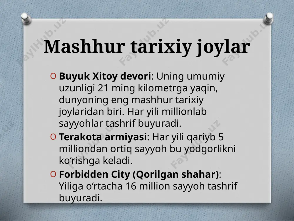 xalqaro bozorlar huazhu hotels group 7,000+ xitoy va osiyo hilton worldwide 500+ xitoy bo'ylab yirik shaharlar statistika: turizm uchun raqamli xizmatlar va texnologiyalar raqamli texnologiyalar xitoy turizm sohasida katta o'zgarishlar kiritdi. raqamli to'lov tizimlari, sayohat xizmatlari va turizm bo‘yicha platformalar xitoyning zamonaviy turizm infratuzilmasining ajralmas qismiga aylangan. wechat va alipay: xitoyda sayohatchilar uchun asosiy to‘lov tizimlari hisoblanadi. ular orqali mehmonxona to‘lovlari, restoran hisoblari va turli xizmatlar to'lanadi. bu tizimlar xalqaro sayyohlar uchun qulay bo‘lib, chet elliklar ham ushbu tizimlardan foydalanishi mumkin. ctrip va fliggy: xitoyning yetakchi sayohat platformalari bo‘lib, bu saytlar orqali aviachiptalar, mehmonxona bron qilish va ekskursiyalarni tashkil qilish imkoniyati mavjud. bu platformalar ichki va xalqaro sayyohlar orasida mashhur. turizm zonalari va ko'rgazma markazlari xitoyda ko'plab maxsus turistik zonalar va ko'rgazma markazlari mavjud bo'lib, ular sayyohlarni jalb qilish uchun maxsus ishlab chiqilgan. hainan o‘rtasidagi erkin sayyohlik zonasi: hainan oroli xitoyning eng mashhur turistik yo‘nalishlaridan biri bo‘lib, bu yerda yil …
