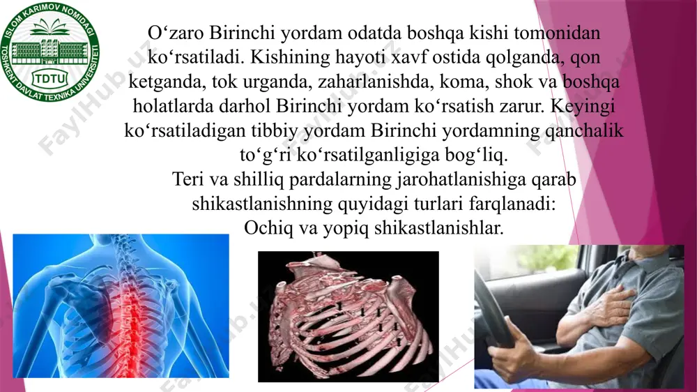 i, sport bilan shug’ullanganda, tabiiy ofatlar ta'sirida shikastlanishlar, yer qimirlash, sel kelish va hokazo, turmushda urush-janjallar oqibatida uchraydigan shikastlanishlarga bo'linadi. 2.ishlab chiqarish bilan bogliq bo'lgan shikastlanishlar, ko'pincha sanoat korxonalarida va qishloq xo’jaligida ko'proq uchraydi. 3.qasddan qilingan shikastlanishlar; harbiy holatlarda, o'z-o'zini o'ldirish, birovni qasddan o’ldirish va hakazo farqlanadi. peritonit — qorin pardasing yallig‘lanishi, bolalar yoshida ko‘p uchraydigan xirurgik kasallikdir. peritonit bugungi kunda bolalar ostida uchrash ehtimoli vaqt oʻtgan sari ortib bormoqda. peritonitni keltirib chiqaruvchi sabablar turlicha bo‘lib, qorin bo‘shlig‘i aʼzolarining yorilishi yoki jarohatlanishi hamda gematogen va kriptogen (noaniq) yo‘l bilan infeksiya organizmga tushib, qorin pardani yallig‘lantiradi. klinikasi peritonitda qusish, suyuq ich ketishi oqibatida, qorin bo‘shlig‘iga suyuqlik va elektrolitlarning to‘planishi va ichakda parez alomatlari kuzatiladi. bundan tashqari, nafas olishning tezlashishi (o‘pka orqali), haroratning ko‘tarilishi — teri orqali ko‘p miqdorda suyuqlik va tuzlarni yo‘qotishga sabab bo‘ladi. agar qusish orqali ko‘p miqdorda kaliy va xlor tuzlari chiqsa, bu metabolik alkaloz holatini tezlashtiradi. davosi appendikulyar …