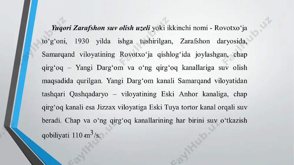 ning odatiy sharoitidagi jarayonlarni buzadi, shuning bilan u tabiiy jarayonlarga tuz tuzatmalarini kiritadi. suv omborlarini kuzatish ishlari kuzatish punktlarini joylashuvi suv ombori loyihasi ishlab chiqilayotganda belgilanadi. kuzatishlar byeflardagi suv sathlarini o‘zgarishi, suv omborini loyqa bosishi va o‘simliklar bosishi, to‘lqinlanishi, qirg‘oqlarini yemirilishi, o‘prilish jarayonlari, muzlash rejimi, suvning harorati, suv omborining gidrokimyoviy rejimi, suvning sifati va boshqa sh.o‘. lar ustidan olib boriladi. suv sathini kuzatish suv o‘lchash postlarida suv hajmini, xududning suvga ko‘milgan maydonini va gidrouzelning suv o‘ztkazuvchi oraliqlari orqali yoki suv oluvchi qurilmadan o‘tayotgan suv sarfini hisob – kitob qilish uchun olib boriladi. suv o‘lchash posti suv sathini o‘lchash imkoniyatini beradigan mos ravishdagi qurilmalar va suv o‘lchash qurilmasining aniq balandlik holatini aniqlash uchun nivelirlash belgilari bilan jihozlanadi. nivelirlash belgilarini joylashuv o‘rni quyidagi talablardan kelib chiqib topiladi: suv omboridagi suvning eng past sathida kamida 0,5…1 m chuqurlik zahirasini va ochiq havza bilan erkin suv almashinuvini ta’min etishi kerak; kuzatishlar olib boriladigan joy …