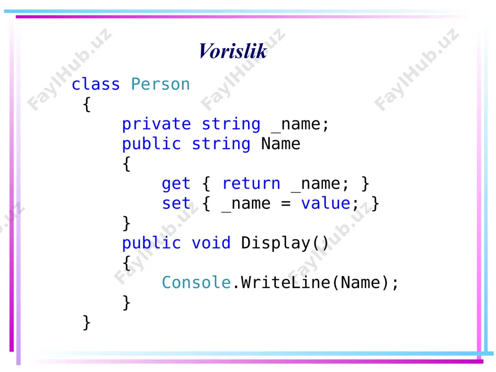 new employee(). 5 vorislik kelishuv bo’yicha, vorislik oshkor ravishda ko’rsatilmasa ham, barcha sinflar object tayanch sinfining vorisi hisoblanadi. shuning uchun ham, yuqorida keltirilgan person hamda employee sinflari o'zlarining metodlaridan tashqari, ob'ekt sinfining quyidagi metodlariga ham ega: tostring(), equals(), gethashcode() va gettype(). kelishuv bo'yicha barcha sinflar voris qilib olinishi mumkin. biroq, bu yerda bir qator cheklovlar mavjud: 6 vorislik to’plamli vorislik qo'llanilmaydi, sinf faqat bitta sinfdan voris olishi mumkin. hosilaviy sinfni yaratishda tayanch sinfning kirish kaliti ham hisobga olinilishi zarur, yani hosilaviy sinfning kirish kaliti tayanch sinfniki bilan bir xil bo’lishi yoki undanda cheklovliroq bo'lishi talab etiladi. ya'ni, agar tayanch sinf internal kirish kalitiga ega bo'lsa, hosilaviy sinf (voris sinf) ham internal yoki private kirish kalitiga ega bo’lishi mumkin, lekin public kirish kalitiga ega bo’lishi bo’la olmaydi. shuni hisobga olish kerakki, agar tayanch va hosilaviy sinflar har xil loyihalarda bo'lsa, unda hosilaviy sinf faqat public modifikatorga ega bo'lgan sinfdan voris olinishi …