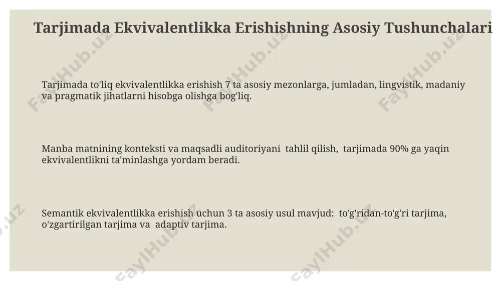sida soʻzma-soʻz tarjima mumkin emasligi, ya’ni strukturaviy ekvivalentlikka erishish uchun qayta tuzish zarurligini bildiradi. manba va maqsad tillarning madaniy kontekstlari oʻrtasidagi farqlar (masalan, 5 ta turli madaniy ma’noga ega boʻlgan bir soʻz) tarjimada ekvivalentlikka erishish uchun kontekstual moslashuvni taqozo etadi. manba tilning morfologik tuzilishi (masalan, fe’l zamonlari soni 12 ta boʻlsa) maqsad tilga toʻliq mos kelmasligi, shuning uchun semantik ekvivalentlikni ta’minlashda qoʻshimcha usullar qoʻllanilishi mumkin. madaniy ekvivalentlik madaniy ekvivalentlikni ta'minlash uchun nutqning stilistik xususiyatlarini va 2 dan ortiq madaniy konnotatsiyalarni hisobga olish zarur. madaniy ekvivalentlikka erishishda 70% dan ortiq muvaffaqiyatga erishish uchun matn kontekstiga mos keladigan 3 ta yoki undan ortiq sinonimlarni tanlash muhim ahamiyatga ega. lingvistik va madaniy jihatlarni hisobga olgan holda, tarjimada aniqlik darajasini 95% ga yetkazish uchun ekvivalentlikning 5 xil turini qo‘llash mumkin. e'tiboringiz uchun rahmat @taqdimot_robot