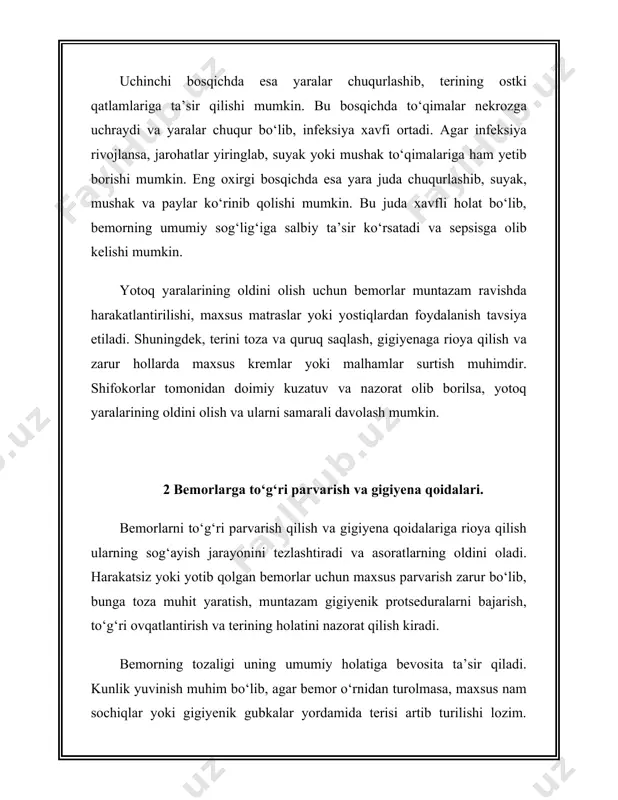 ri gigiyenasi va tozaligi teri va to‘qimalarni himoya qilishda birinchi navbatda gigiyena qoidalariga rioya qilish zarur. teri toza va qurib qolmasligi uchun uni muntazam ravishda yuvish kerak. buning uchun yumshoq sovunlar va iliq suvdan foydalanish tavsiya etiladi. harakatsiz bemorlar uchun terini nam sochiq yoki gigiyenik matolar yordamida artib turish lozim. bundan tashqari, terini zararlanishdan himoya qilish uchun sochiqni faqat o‘ziga tegishli qilib ishlatish, va doimiy ravishda toza saqlash kerak. 2. namlik va havo o'tkazuvchanligini ta'minlash teri qurishiga yo‘l qo‘ymaslik uchun uni namlash zarur. agar teri nam bo‘lsa, u o‘zining tabiiy himoya qatlamini saqlab qoladi. teri turli holatlarda, masalan, issiq yoki quruq havoda, tez quriydi. shuning uchun namlovchi krem yoki losyonlar yordamida terini oziqlantirish va nam saqlash muhimdir. teri nafaqat quruq havodan, balki haddan tashqari nam muhitdan ham zarar ko‘rishi mumkin, shuning uchun havo o'tkazuvchanligi yaxshi bo‘lgan kiyimlarni kiyish kerak. 3. quyoshdan himoya qilish quyosh nuri teriga zarar yetkazishi mumkin. uzoq …