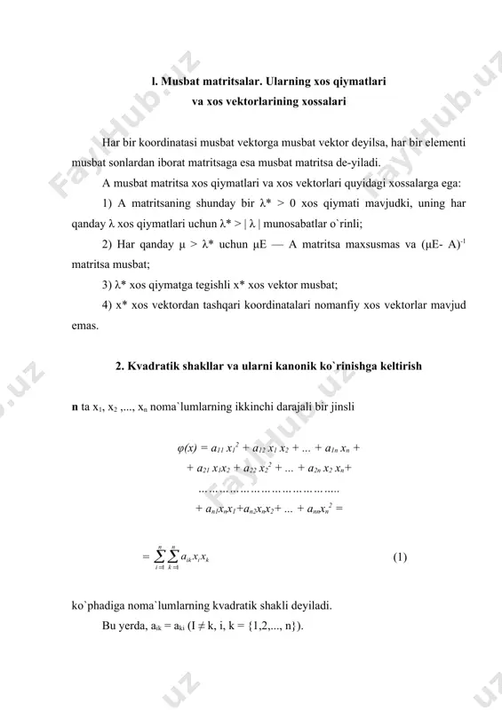 h deganda uning ko`rinishini φ1(y) = λ1y12 + λ2y22 + … + λnyn2 (2) shaklga keltirish tushuniladi. (2) kanonik ko`rinishdagi kvadratik shakl rangi noldan farqli λ2 lar soniga teng. a matritsa haqiqiy elementli simmetrik matritsa bo`lgani uchun (1) kvadratik shaklni (2) kanonik ko`rinishga aylantirish masalasi simmetrik chiziqli almashtirish matritsasini diagonal ko`rinishga aylantirish masa-lasiga keltiriladi. har bir kvadratik shakl uchun uning noma`lumlarini shunday bir chiziqli maxsusmas x = q y almashtiiish tanlash mumkinki, bu yerda q - ortogonal matritsa, (1) ko`rinishdagi kvadratik shakl (2) ko`rinishni oladi. qtaq diagonal matritsa bo`lib, (2) kanonik ko`rinishdagi kvadratik shakl matritsasidir. a matritsa xarakteristik tenglamasining ildizlari (1) kvadratik shakl xarakteristik sonlari deyilsa, xaralcteristik sonlarga mos xos vektorlar yo`nalishlari kvadratik shaklning bosh yo`nalishlari deyiladi. kvadratik shaklni kanonik ko`rinishga keltirish qoidasi ikkinchi tartibli egri chiziqlar va sirtlarni tekshirishda qo`llaniladi. masala. kvadratik shaklni kanonik ko`rinishga keltiruvchi ortogonal almashtirishni quring va kanonik ko`rinishni yozing: φ( x1; х2) = 2x12 - …