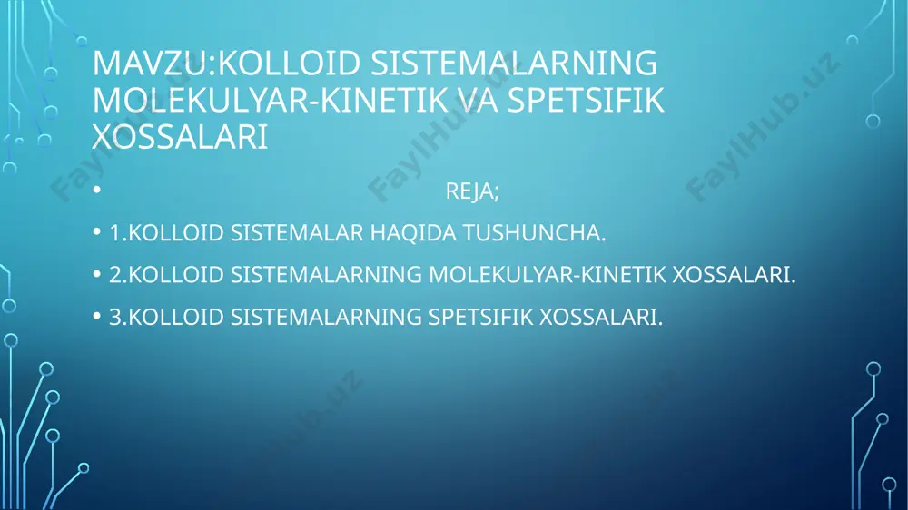 zollar esa liozollar (yun. lios — suyuqlik) deb ataladi. dispers faza zarrachalari bilan dispersion muhit zarrachalari orasidagi bogʻlanishga qarab, kolloid eritmalar liofob va liofil zollarga boʻlinadi. liofob zollarga dispers platina, kumush, oltingugurt zollari misol boʻla oladi. liofil zollarda esa bu bogʻlanish kuchli boʻladi, ularga oqsil, jelatina, pepsin va yuqori molekulyar moddalarning eritmalari kiradi. kolloid eritmalar sanoat, qishloq xoʻjaligi va tibbiyotda muhim rol oʻynaydi. barcha tirik organizmlar toʻqimalari va hujayralarining asosini tashkil etuvchi oqsil, nuklein kislotalar, kraxmal, glikogen kabi moddalar kolloid eritmalar holida uchraydi. tuproqning unumdorligi uning kolloid eritmalar xrlidagi qismining fizik-kimyoviy xossalariga, sement, chinni, keramika, sir va boʻyoqlar sifati ularning disperelik darajasi hamda kolloid eritmalarning xossalariga bogʻliq. kolloid eritmalar charm, qogʻoz, gazlama, sunʼiy ipak, oziq-ovqat va boshqa sanoat tarmoqlarida ham keng qoʻllaniladi. kolloid eritmalarning molekulyar kinetik xossalari kolloid sistemalarning molekulyar kinetik xossalaridan eng muҳimlari qatoriga kolloid zarrachalarning diffuziyalanishi, broun xarakati, kolloid eritmalarning osmotik bosimi va sedimentastiya xossalari kiradi. broun xarakati. …