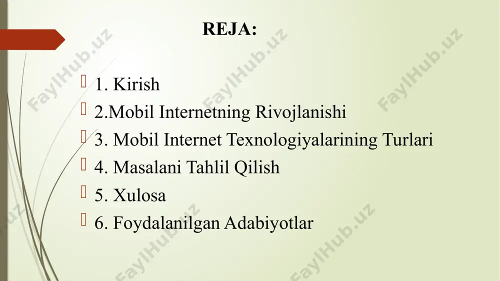 56-114 kbps tezlikdagi internetga ulanib, oddiy veb-sahifalarni yuklash imkoniyatiga ega bo‘ldilar. 3g texnologiyasi 3g (uchinchi avlod) mobil aloqa texnologiyalari 2000-yillarning boshlarida joriy etila boshlandi. u yuqori tezlikda ma'lumot uzatish imkonini beradi va mobil internet xizmatlarini taklif etadi. 3g texnologiyasi ulanadigan qurilmalarda multimedia xizmatlarini, masalan, video qo'ng'iroqlar va tezkor internetdan foydalanishni ta'minlaydi. afzalliklari: tezkor internetga kirish multimedia xizmatlarini qo'llab-quvvatlash kamchiliklari: tezlik 2g texnologiyalariga nisbatan yuqori, lekin 4g va 5g ga etarli emas. 3g imkoniyatlari: tezlik sezilarli darajada oshdi (200 kbps – 2 mbps). video qo‘ng‘iroqlar, yuqori sifatli multimedia kontentlariga kirish va tezkor veb-brauzing imkoniyati yaratildi. mobil ilovalar rivojlana boshladi. muhim voqealar: 3g texnologiyasi orqali iphone (2007) va android qurilmalari ommalashdi. bu qurilmalar mobil internetdan foydalanishni sezilarli darajada osonlashtirdi. 4g texnologiyasi 4g (to'rtinchi avlod) texnologiyasi 2009-yilda joriy etildi va mobil internetda yuqori tezlikni ta'minlaydi. 4g texnologiyasining asosiy afzalliklaridan biri bu lte (long term evolution) standartidan foydalanishidir. bu texnologiya foydalanuvchilarga 1 gbps gacha …