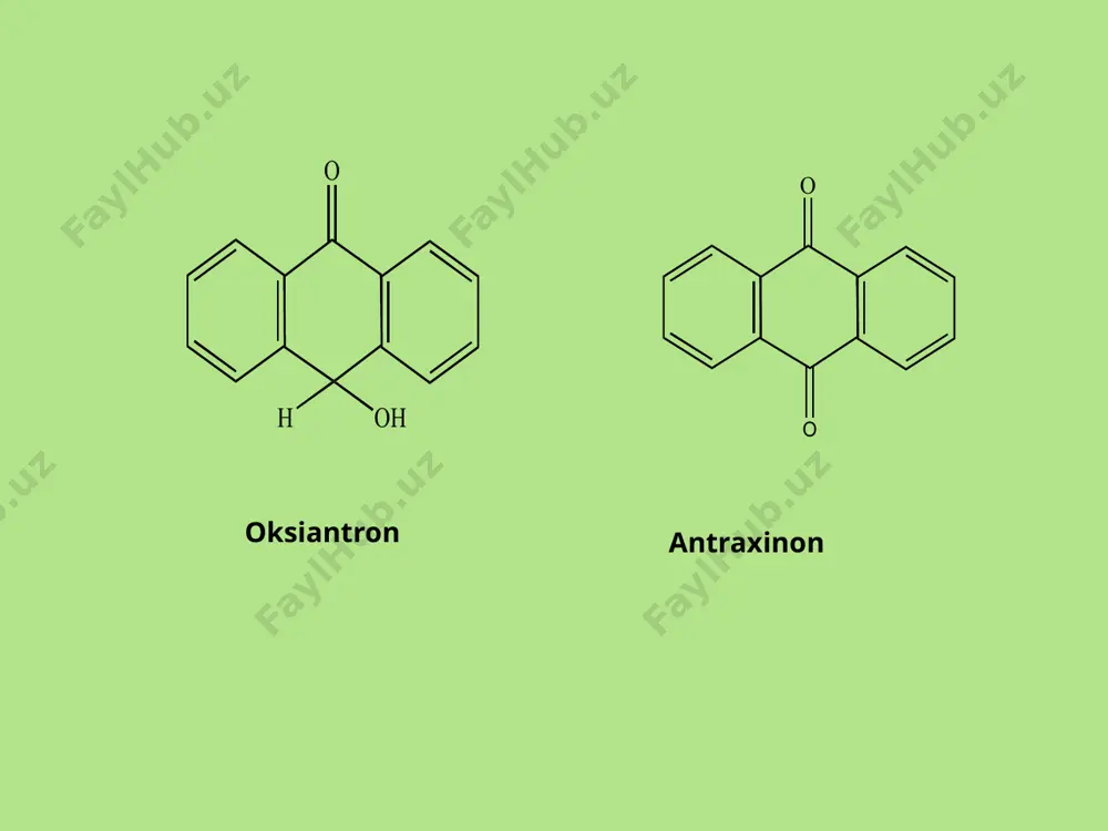 h), ml. p - analizga olingan mahsulotning gramm miqdori. w- mahsulotning namligi, % r - qizdirilgandan so’ng suyultirilgan koeffitsiеnti. cocl2 bo’yicha kalibrovkali grafik 0,18 0,36 0,54 0,72 0,9 0 0,1 0,2 0,3 0,4 0,5 0,6 0 0,1 0,2 0,3 0,4 0,5 0,6 0,7 0,8 0,9 1 mg 100 ml (хrizafanol bo’yicha) 1. surgi ta’sirga ega bo’lgan o’simliklar (sano, frangula, itjumrut). 2. surgi va burishtiruvchi ta’sirga ega bo’lgan o’simliklar (rovoch, otquloq). 3. surgi va biogеn stimulyator ta’sirga ega bo’lgan o’simliklar (aloe). 4. siydik haydovchi ta’sirga ega bo’lgan o’simliklar (ro’yan). rеja: 2 - ma'ruza 2 s. antratsеn unumlari saqlovchi o’simliklar, tibbiyotda qo’llanilishi, ularni tasnifi sano bargi va mеvasi - folia et fructus sennae tor bargli sano - cassia angustifolia vahl. o’tkir bargli sano - cassia acutifolia. sеzalpiniyadoshlar – cesalpinaceae (fabaceae) ikkala cano o’simligi bo’yi 1 m ga yеtadigan buta. poyasi shoxlangan. pastdagi shoxlari yеrda sudralib o’sadi. bargi juft patli murakkab, 4-8ta juft …
