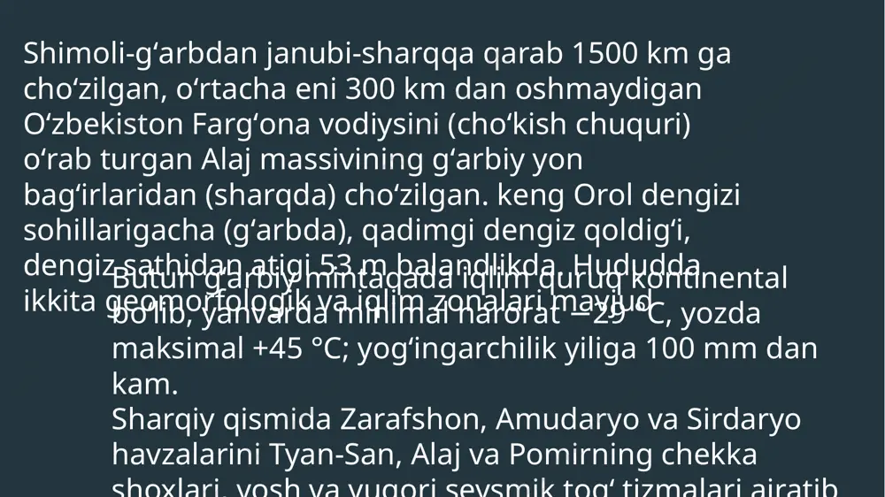 a volfram, fosforitlar, kvars qumi, sement, ohaktoshning zaxiralari mavjud. qizilqum choʻli tufayli iqlimi keskin kontinental choʻl iqlimi: yozi uzoq, quruq. issik, iyulda oʻrtacha temperatura 27,2—29,6°, kumda oftobda temperatura 60—70° gacha koʻtariladi. yanvarda oʻrtacha temperatura — 1,9° dan —0,6° gacha. choʻl va yaylovlarda, vohalarda iqlim oʻrtacha. navoiy viloyati sirdaryo viloyati navoiy viloyati jizzax viloyati namangan viloyati samarqand viloyati toshkent viloyati buxoro viloyati surxandaryo viloyati xorazm viloyati qashqadaryo viloyati farg’ona viloyati toshkent shahri qoraqalpog’iston respublikasi navoiy viloyati buxoro viloyati buxoro viloyati buxoro viloyati — oʻzbekiston respublikasining 12 viloyatlaridan biri. oʻzbekiston viloyatlari ichida chegarasining kattaligi boʻyicha navoiy viloyatidan keyin ikkinchi oʻrinda turadi. 1938-yil 15-yanvarda tashkil etilgan. maydoni 39,4 ming km2. aholisi 2.000.255 kishi[1] (2022). buxoro viloyati tarkibida 11 ta tuman,11 ta shahar ,3 ta shaharcha, 121 ta qishloq bor. buxoro viloyati hududining relyefi aksariyat geomorfologik xususiyatlariga koʻra birmuncha murakkab tekisliklardan iborat. iqlimi keskin kontinental: yozi issiq, uzoq, quruq; iyulning oʻrtacha harorati 28—32°, qumliklarda …