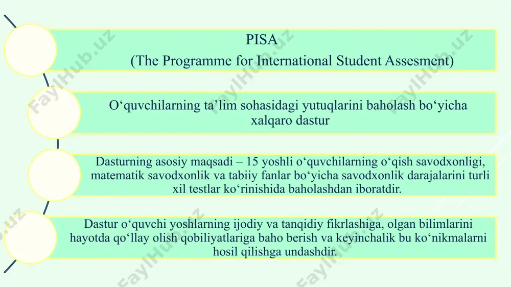 sh va baholash tizimi timss xalqaro baholash dasturida 4- va 8-sinf o'quvchilarining matematika va tabiiy fanlar bo'yicha egallagan bilim darajasi va sifatini solishtirish hamda milliy ta'lim tizimidagi farqlarni aniqlash timss dasturi oʻzining birinchi tadqiqotini 1995-yilda boshlagan boʻlib, 2019-yilga qadar har toʻrt yilda o‘tkazıladı maktablarda matematika va tabiiy fanlar bo'yicha berilayotgan ta'lim mazmuni, o'quv jarayoni, ta'lim muassasasining imkoniyatlari, o'qituvchilar salohiyati, o'quvchilarning oilalari bilan bog'liq omillari o'rganiladi. timss tadqiqot dasturlarida ishtirokchi davlatlar ko‘rsatkichlari timss tadqiqotlari 2019 yilga qadar qqog‘oz va raqamli shaklarda tashkil etilgan/ 2023 yildan u to‘liq raqamli formatga o‘tkazildi. timss 2023 ning asosiy maqsadi - kompyuterga asoslangan baholashning afzalliklaridan hamda yangi va takomillash tirilgan baholash elementlari va usullarini o‘z ichiga olgan to‘liq raqamli savollarni ishlab chiqish tizimidan foydalanish. ushbu tizimga ta’sir ko‘rsatadigan innovatsion savollarni ishlab chiqish qobiliyatini bilishdir. icils – xalqaro kompyuter va axborot savodxonligini oʻrganish iea taʼlim yutuqlarini baholash xalqaro assotsiatsiyasi tomonidan tashkil etilgan tadqiqotdir. ushbu tadqiqot dunyoning turli …