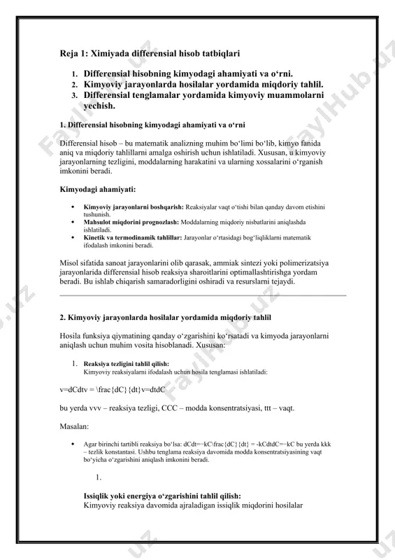 bu yerda kkk – tezlik konstantasi. ushbu tenglama reaksiya davomida modda konsentratsiyasining vaqt bo‘yicha o‘zgarishini aniqlash imkonini beradi. 1. issiqlik yoki energiya o‘zgarishini tahlil qilish: kimyoviy reaksiya davomida ajraladigan issiqlik miqdorini hosilalar yordamida hisoblash mumkin. masalan, endotermik va ekzotermik jarayonlarni modellashtirishda differensial tenglamalar ishlatiladi. 2. 3. gazlar qonunlari va termodinamik jarayonlar: kimyo sanoatida ideal va real gazlarning bosim, hajm va harorat o‘zgarishini differensial tenglamalar orqali tahlil qilish muhimdir. 4. 3. differensial tenglamalar yordamida kimyoviy muammolarni yechish differensial tenglamalar kimyoda turli jarayonlarni modellashtirish va tahlil qilishda asosiy rol o‘ynaydi. ular yordamida quyidagilarni aniqlash mumkin: 1. reaksiyalar jarayonini tahlil qilish: kimyoviy reaksiyaning davomiyligi va natijalarini aniqlash uchun differensial tenglamalar keng qo‘llaniladi. masalan, yuqorida ko‘rsatilgan birinchi tartibli tenglamaning umumiy yechimi: c(t)=c0e−ktc(t) = c_0 e^{-kt}c(t)=c0​e−kt bu yerda c0c_0c0​ – dastlabki konsentratsiya, kkk – reaksiya tezligi konstantasi. ushbu formuladan foydalanib, reaksiya davomida modda qoldig‘ini hisoblash mumkin. 1. moddalarning tarqalishi (diffuziya): diffuziya jarayonlarini ifodalash uchun fik …