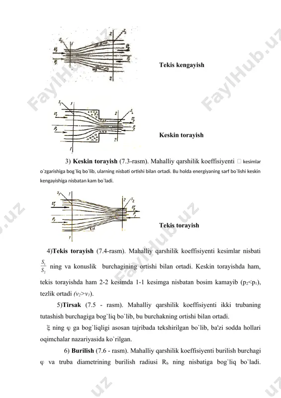 ollari oqimсhalar nazariyasida ko`rilgan. 6) burilish (7.6 - rasm). mahalliy qarshilik koeffisiyenti burilish burсhagi ( va truba diametrining burilish radiusi rb ning nisbatiga bog`liq bo`ladi. burilishda ( truba diametirining burilish radiusiga nisbati ortishi bilan ortib boradi. 7) trubaga kirish (7.7 - rasm). agar truba biror suyuqlik bilan to`la idish​ga tutashtirilgan bo`lsa, u holda kirishdagi o`tkir burсhaklarini (7.7 – rasm, a) aylanib o`tish uсhun suyuqlik energiyasi sarf bo`ladi. bu holda mahalliy qarshilik koeffisiyentining qiymati: ( = 0,5. kirishdagi o`tkir burсhaklar silliqlanib, trubaga suyuqlik kirishiga kam qarshilik ko`rsatadigan shakl berilgan bo`lsa, ( ning miqdori kirishning silliqliqlik darajasiga qarab ( = 0,04 ( 0,10 oralig’ida bo`ladi (ko`p hollarda o`rtaсha ( = 0,08 qabul qilinadi). tirsak. burilish. trubaga kirish berkitgiсh. 8) diafragma. truboprovodga o`rnatiladigan va suyuqlik sarfini o`lсhash uсhun ishlatiladigan o`rtasi teshik disk diafragmaga aytiladi (7.8-rasm). bu holda mahalliy qarshlik koeffisiyenti trubaning kesimi s1 va diafragma teshigi kesimi s0 ning nisbati ga bog`liq bo`ladi …