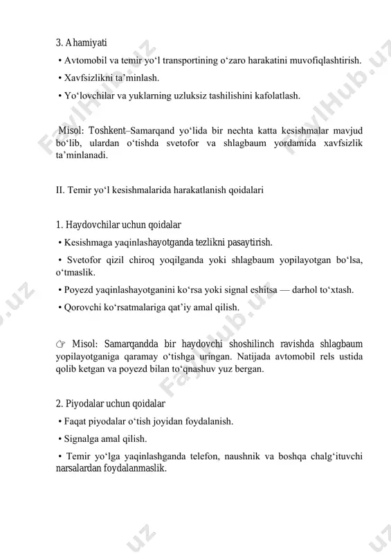 o‘l kesishmalarida o‘zini tutish qoidalari o‘rgatiladi. • haydovchilarga doimiy ravishda sms ogohlantirishlar yuborish tajribasi qo‘llanilmoqda. 👉 misol: germaniyada temir yo‘l kesishmalarida avariya soni kamaygani sabablardan biri — doimiy ijtimoiy reklama va maktablarda maxsus mashg‘ulotlar o‘tkazilishidir. 3. xalqaro tajriba dunyoning ko‘plab davlatlarida temir yo‘l kesishmalari xavfsizligini ta’minlash bo‘yicha ilg‘or tajribalar mavjud: • aqsh: barcha yirik kesishmalarda kamera o‘rnatilgan, qoida buzgan haydovchiga avtomatik jarima yoziladi. • yaponiya: temir yo‘l kesishmalari atrofida qo‘shimcha svetoforlar va ovoz kuchaytirgichlar qo‘yilgan, ular poyezd yaqinlashganda baland ovoz bilan ogohlantiradi. • rossiya: xavfli hududlarda temir yo‘l avtomobil yo‘lidan alohida ko‘prik orqali o‘tkaziladi (denivelatsiya). bu avariyalarni keskin kamaytirgan. • o‘zbekiston: so‘nggi yillarda “o‘zbekiston temir yo‘llari” aj tomonidan ko‘plab kesishmalarga yangi avtomatik shlagbaum va led chiroqli svetoforlar o‘rnatildi. 4. kelajakdagi istiqbollar kelgusida temir yo‘l kesishmalari xavfsizligini ta’minlash uchun: • sun’iy intellekt asosida ishlaydigan avtomatik tizimlar joriy etilishi. • mashinalarga o‘rnatilgan maxsus sensorlar yordamida poyezd yaqinlashganda haydovchini ogohlantirish. • qorovchisiz kesishmalarni …