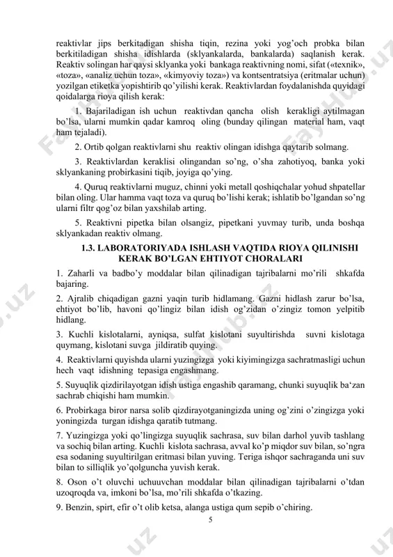 shuning uchun moddalar katta aniqlik bilan tortiladi. shu sababli laboratoriyada ishlovchi har bir kishi tarozini ishlata bilishi zarur. tarozilar har xil ko’rinishda bo’lib, ularning bir qancha turlari ishlatiladi. tarozi aniq tortadigan asbobdir. shuning uchun u bilan juda ehtiyot bo’lib ishlash lozim. har bir tarozining o’z toshlari bo’ladi. tarozida tortishda quyidagi qoidalarga rioya qilish kerak: 1. tarozi ber joydan ikkinchi joyga ko’chib yurishga ruxsat etilmaydi. 2. tarozi pallasiga issiq, ho’l va iflos narsalarni qo’yish man etiladi. 3. tortiladigan reaktiv va har bir toshni tarozi pallasiga tarozini to’xtatib, so’ngra qo’yish kerak. 4. tortiladigan reaktivni to’g’ridan – to’g’ri tarozi pallasiga qo’ymasdan, stakancha, byuks, soat oynasi yoki qog’ozga qo’yib tortish kerak. 5. tortiladigan reaktivlar tarozining chap pallasiga, toshlar esa o’ng pallasiga qo’yiladi. 6. tarozi toshlarini faqat qisqichda olish lozim. analitik tarozilar alohida xonaga o’rnatilishi kerak. bu xonada havo namligi va temperatura o’zgarmasligi kerak. 2 – laboratoriya ishi. anorganik birikmalarning olinishi va xossaalari 2.1. nazariy …