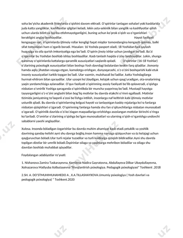2 baravar ko‘p bo‘ladi. jismoniy taraqqiyot, asosan, to‘g‘ri ovqatlanish rejimiga va jismoniy tarbiya bilan shug‘ullanishiga ko‘p jihatdan bog‘liq. jinsiy taraqqiyot jihatdan bu yoshdagi ko‘pchilik yigit va qizlar postpubertat (tugallanuvchi) davrda bo‘ladilar. bularning jismoniy rivojlanishi katta yoshdagi odamning jismoniy rivojlanishidan kam fark qiladi. bo‘yning va organizmning notekis o‘sishi va rivojlanish davri tugallanadi hamda jismoniy rivojlanishning nisbatan birmuncha tekis davri boshlanadi.o‘spirinlik yoshida jismoniy sifatlar (bo‘y, og‘irlik) nisbatan barqaror darajaga etgan bo‘ladi. shuningdek, muskul kuchi va ishchanlik qobiliyati sezilarli darajada ortadi. ko‘krak qafasining hajmi kengayadi, skelet, naychasimon suyaklar qattiqlashadi, to‘qimalar va a’zolarning shakllanishi va funksional taraqqiyoti tugallanadi. odatda bu yoshda yurak va qon tomirlarning rivojlanishida o‘smirlarga xos bo‘lgan notekislik endi tekislashadi, qon bosimi baravarlashadi, ichki sekretsiya bezlari bir me’yorda ishlay boshlaydi. nerv sistemasining va xususan, miya rivojlanishidagi o‘zgarishlar ma’lum bo‘lib qoladi. lekin, bu o‘zgarishlar miya massasining ortishi hisobiga emas, balki miyaning ichki hujayralari tuzilishining murakkablashuvi hisobiga ro‘y beradi. katta yarim sharlar qatlamidagi hujayralarning …