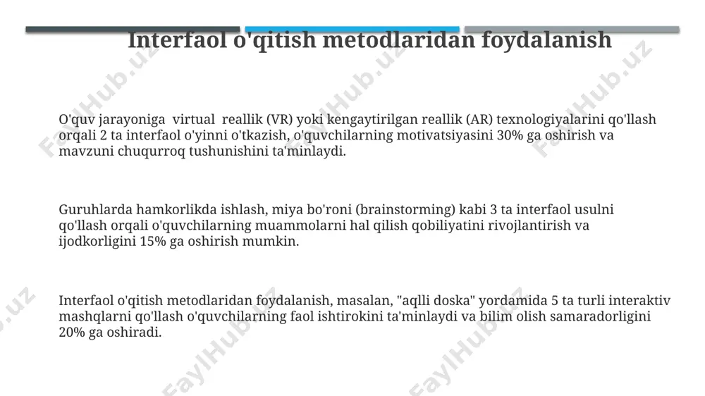 da 10 ta differentsiatsiya usulini qo'llash pedagogik ko'nikmalarni rivojlantirishga yordam beradi. sinf boshqaruvi va muhitini yaratish sinf boshqaruvida 3 ta asosiy usul – demokratik, avtoritar va liberal – o'quvchilarning shaxsiy xususiyatlari va dars mazmuniga mos ravishda qo'llanilishi kerak. samarali sinf muhiti yaratish uchun 20% vaqtdan kam bo'lmagan qismi o'quvchilarning o'zaro hamkorligini rivojlantirishga bag'ishlanishi lozim. o'quv jarayonida 5w1h (kim?, nima?, qayerda?, qachon?, nima uchun?, qanday?) savollaridan foydalanish o'quvchilarning faol ishtirokini va chuqur tushunishini ta'minlaydi. pedagogik innovatsiyalarni qo'llash o'quv jarayonida interfaol o'yinlar va simulyatsiyalarni qo'llash, 5 dan ortiq turdagi o'quv materiallarini birlashtirib, bilimlarni 40% samarali o'zlashtirishga yordam beradi. pedagogik innovatsiyalarni qo'llashda, masalan, gamifikatsiya orqali 30% gacha o'quvchilarning faol ishtiroki va 20% ga yaxshiroq natijalarga erishish mumkin. onlayn ta'lim platformalaridan foydalanib, 100 dan ortiq o'quvchilar bilan bir vaqtda individual yondashuvni ta'minlash va o'quv jarayonini 15% tezlashtirish mumkin. hamkorlik va tajriba almashish tajriba almashish platformalarida, masalan, online forumlarda yoki seminarlarda qatnashish orqali 10 dan …
