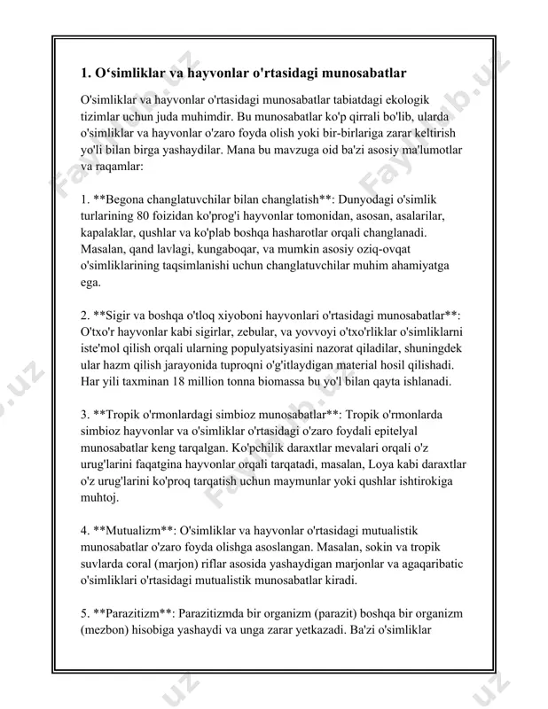 i quyidagi bosqichlardan iborat: - **produsentlar**: bu bosqichda o'simliklar va boshqa avtotrof organizmlar fotosintez orqali quyosh nuridan energiya oladi va organik moddalar sintez qiladi. masalan, yashil o'simliklar bu guruhga kiradi. - **konsumentlar**: hayvonlar bu guruhga kiradi va ular produsentlar yoki boshqa hayvonlar bilan oziqlanadilar. konsumentlar odatda birlamchi va ikkilamchi guruhlarga bo'linadi. birlamchi konsumentlar - o'txo'r hayvonlar (masalan, quyonlar), ikkilamchi konsumentlar - o'rtacha darajadagi yirtqichlar (masalan, ilonlar). - **tirmaturuvchi** yoki **bo'luvchilar**: bu guruhga bakteriyalar va zamburug'lar kiradi, ular o'lgan organizmlarni parchalaydi va ozuqa moddalarini qayta ekotizimga qaytaradi. 2. **oziqlanish tarmog'i** (oziq tarmog'i) - bu bir nechta oziqlanish zanjirlarining birlahzalik diagrammasi bo'lib, ekotizimdagi organizmlar o'rtasidagi murakkab oziqlanish aloqalarini ko'rsatadi. oziqlanish tarmoqlari ko'pincha ekotizimdagi turli xil organismlar o'rtasidagi ko'plab oziqlanish bog'liqliklarini ifodalaydi. 3. ko'pgina oziqlanish zanjirlarida energiya o'tkazilishini 10% qoidasi bilan tavsiflash mumkin: har bir oziqlanish darajasida (trophic level) faqat o'tgan energiyaning taxminan 10%i keyingi bosqichga o'tadi. bu shuni anglatadiki, ko'proq darajalarga ega …