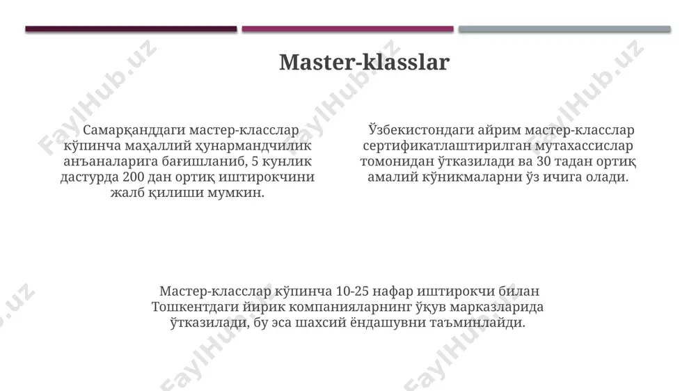 o'rsatdiki, interaktiv o'quv usullari an'anaviy usullar bilan solishtirganda bilimni 30% ga oshirishga yordam beradi. mentoring менторлик 10 дан ортиқ тажрибали мутахассисларни жалб этиш орқали 2 йил ичида тошкентдаги 50 дан ортиқ ёш мутахассисларга амалий кўникмаларни ўргатади. менторлик дастурлари 70% дан ортиқ иштирокчиларнинг иш самарадорлигини оширишга ёрдам беради, бу ҳақида ақшнинг гарвард университети тадқиқотларида кўрсатилган. жаҳон банкининг маълумотларига кўра, 30 ёшдан ошган 1500 дан ортиқ менежерлар менторликдан ўтган ва бу уларнинг лидерлик сифатларини яхшилашга ёрдам берган. oflayn ta'lim oflayn ta'limning samarqanddagi filialida 15 nafar tajribali mutaxassis tomonidan 5 ta turli yo'nalishda, jumladan, dasturlash va marketing bo'yicha amaliy mashg'ulotlar o'tkazildi. andijonda o'tkazilgan oflayn treningda 100 dan ortiq ishtirokchi ishtirok etib, ularning 75%i treningdan so'ng yangi loyihalarni boshlashga tayyor bo'lishdi va buning natijasida 2 ta yangi kompaniya tashkil etildi. o'zbekistonning 5 ta yirik shaharlarida 200 dan ortiq ishtirokchi bilan o'tkazilgan oflayn ta'lim dasturi, 3 oylik intensiv kursdan so'ng, 80% ishtirokchilarning malakasini 2 darajaga …