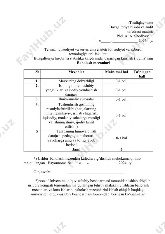 _____ _____________________________________________________________ bajardi: _______________________________________________fakulteti _____________________________________________yo’nalishi magistratura ta’lim shakli _______kurs________________guruhi talabasi_____________________________________________ tekshirdi: _____________________________ kurs ishi taqrizga topshirilgan sana “____” _______20 y. kurs ishi taqrizdan qaytarilgan “____” _______20 y. kurs ishi himoya qilingan sana “____” _______20 y. baho “_____” _________ ___________ (imzo) komissiya a’zolari: __________________ _________________ termiz – 2024 «tasdiqlayman» buxgalteriya hisobi va statistika kafedrasi mudiri _________a.a.shodiyev «_____»_____________ 2024 y. kurs ishi (loyiha) ni bajarish yuzasidan topshiriqlar “ mikroiqtisodiyot-2” fani bo’yicha 1-kurs ______ magistratura ta’lim shakli tinglovchisi ________________________________________________ topshiriq ishlanadigan loyiha (mavzu) _______________________________________ __________________________________________________________________ 1. boshlangich ma’lumotlar ___________________________________ __________________________________________________________________ 2. qo’llanmalar ____________________________________________________________________________________________________________________________________ 3. chizma qismining tuzilish 1.__________________________________________________________ 2. __________________________________________________________ 4. yozma qismining tuzilishi_____________________________________ ____________________________________________________________________________________________________________________________________ 5. qo’shimcha vazifa va ko’rsatmalar ____________________________________________________________________________________________________________________________________ 6. kurs (ishi) loyihasini bajarish rejasi _____________________________________________________________ 1 2 3 4 5 himoyalandi