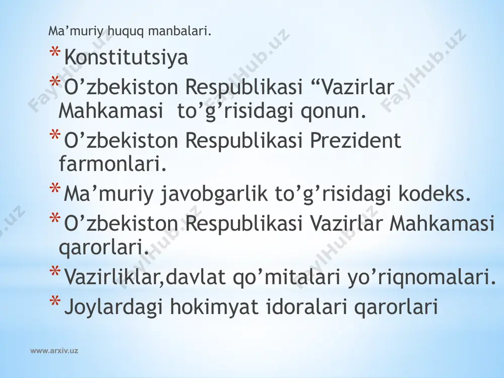 mahrum qilish chorasi qo’llanilishi mumkin emas (8-modda). ma'muriy qamoq — ma'muriy huquqbuzarlikning ayrim turlari uchun 3 sutkadan 15 sutkagacha bo’lgan muddatga qo’llaniladi. www.arxiv.uz e’tiboringiz uchun rahmat! www.arxiv.uz