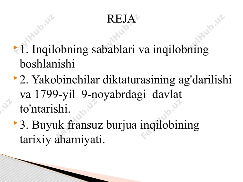 'lum qildi. biroq, uchinchi toifa deputatlari qirolning taklifini rad etdilar va yuqori toifalarning mol-mulkini soliqqa tortish talabini qo'ydilar. oqibatda general shtatlarda bo‘linish yuz berdi. parij aholisi uchinchi toifa deputatlarning talabini qo'llab-quwatladilar. uchinchi toifa deputatlari o'zlarini butun millat vakillari deb e'lon qildilar va yangi parlament — milliy kengash tuzdilar. ayni paytda ular mamlakat konstitutsiyasini ishlab chiqishga qaror qildilar. konstitutsiya qabul qilish uchun milliy kengash 9-iyulda та 'sis majlisi deb e'lon qilindi. bunday sharoitda qirol murosa yo'lini qidirish o'rniga ta'sis majlisini tarqatib yuborishni rejalashtirdi. bu reja oshkor bo'lib qolgach, g'azablangan xalq ommasi qo'zg'olon ko'tardi.. 14-iyul kuni esa fransiya mutlaq monarxiyasining tayanchi bastiliya (davlat qamoqxonasi) egallandi. bastiliyaning egallanishi inqilobning boshlanishi bo'ldi. qattiq qo'rqib ketgan lyudovik xvi yon berishga majbur bo'ldi. u ta'sis majlisining qonuniyligini tan oldi. poytaxtda bastiliyaning ishg'ol hokimiyat inqilobchilar vakillaridan tuzil-etilishi. shu tariqa fransiyada mutlaq monarxiya quladi. hokimiyat tepasiga yirik burjuaziya — savdo-sanoat burjua-ziyasi keldi. bu burjuaziya buyuk britaniyadagidek cheklan-gan monarxiya …
