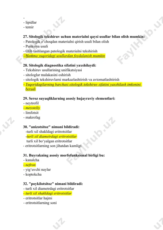 ani takroriy tekshirish · konstantalarni ishlatish · o‘rtacha normal ko‘rsatkichlar usuli · yuqorida aytilganlarning hammasi 49. o‘tkir leykoz turini aniqlashda qaysi usul samaraliroq: - periferik qon surtmasini tekshirish - sitoximik usul · suyak ko‘migi punktantini tekshirish · yonbosh suyagining trepanobiopsiyasi 50. bachadon bo‘yinchasi qin qismidan olingan surtmalarda qaysi hujayralarning bo‘lishi maqsadga muvofiq: - silindrik epiteliy hujayralari · metaplazirlangan epiteliy hujayralari · yassi epiteliy hujayralari va leykotsitlar · yassi, silindrik va metaplazirlangan epiteliy hujayralari 51. go‘sht yuvindisi ko‘rinishidagi siydik qaysi kasallikda uchraydi: pielonefrit o‘tkir glomerulonefrit · qandli diabet · buyrak amiloidozi 52. leykotsitar chapga siljish nima: · qonda degenerativ o‘zgargan leykotsitlarning paydo bo‘lishi · bu periferik qonda yosh leykotsitlarni paydo bo‘lishi (tayoqcha yadrolilar, metamielotsit va mieloblastlarning ko‘payishi) · - qonda faqat tayoqcha yadrolilarning sonini oshishi · qonda faqat segment yadroli leykotsitlarning paydo bo‘lishi 53. bachadon bo‘yinchasida aksariyat hollarda uchraydigan o‘sma: - adenokarsinoma · yassi hujayrali rak · sarkoma · shakllanmagan rak …