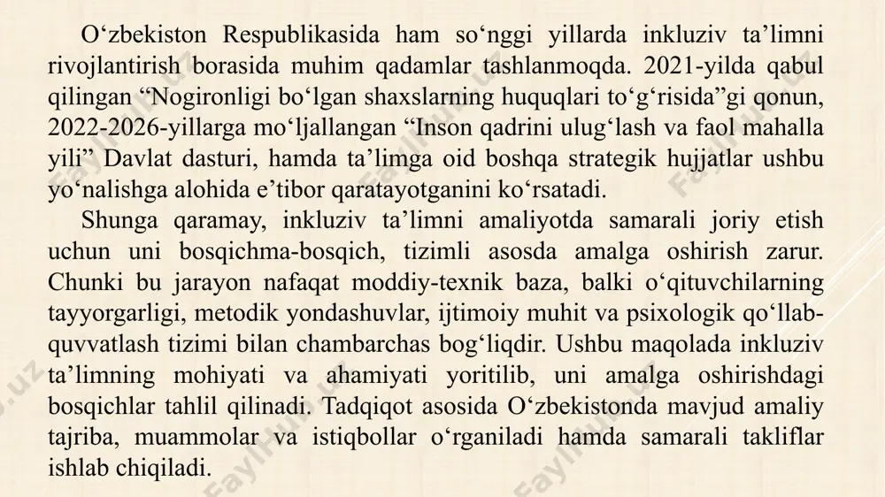 yati (shadow teacher) o‘quvchilarning o‘zaro ijtimoiylashtirilishini kuchaytiruvchi guruhli ishlar ota-onalar bilan doimiy maslahatlar va seminarlar tashkil etish ushbu natijalar shuni ko‘rsatadiki, inkluziv ta’limni muvaffaqiyatli amalga oshirish uchun yondashuvlar tizimli va kompleks bo‘lishi zarur. har bir bosqichda alohida e’tibor, tayyorgarlik va ijtimoiy qo‘llab-quvvatlash muhim ahamiyat kasb etadi. image1.jpeg media1.mp4 image2.png /docprops/thumbnail.jpeg