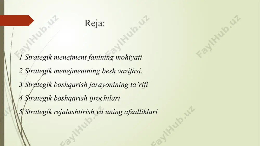 shini jim va osoyishta tinglash hamda takliflarga ehtiyotkorlik bilan javob berish afzal ko‘riladi(yaponiya, xitoy, tayvan, finlyandiya, koreya, turkiya). ushbu xususiyatlarni bilish mutlaqo har xil dunyoqarashli alohida shaxslar yoki guruhlarning xatti-harakatlarini nazarda tutish va tuzatish imkonini beradi. strategik menejmentning beshta vazifasi korxona strategiyasini yaratish o’zaro bogliq 5 ta qismdan iborat: 1) tijorat faoliyatining turini aniqlash va korxona rivojlanishining yo’nalishini belgilash, ya’ni maqsadni aniqlab o’zoq muddatli istiqbolni belgilash; 2) umumiy maqsadlarni ishning aniq yo’nalishlariga aylantirish; 3) ko’zlangan ko’rsatkichlarga erishish uchun tanlangan rejani moxirona amalga oshirish; 4) tanlangan strategiyani samarali ijro etish; 5) bajarilgan ishni baholash, bozordagi vaziyatni tahlil qilish, faoliyatning o’zoq muddatli asosiy yo’nalishlariga, maqsadlarga, strategiyaga yoki uni amalga oshirish usullariga tuzatishlar, yangi g’oyalar kiritish . strategik boshqaruvning asosiy bosqichlari. strategik boshqaruvning asosiy bosqichlari quyidagilardan iborat: 1. biznes sohasini aniqlash va korxonaning asosiy maqsadini ishlab chiqish. 2. korxonaning asl maqsadini aloxida o’zoq muddatli va qisqa muddatli faoliyat maqsadlariga aylantirish. 3. faoliyat maqsadlariga …