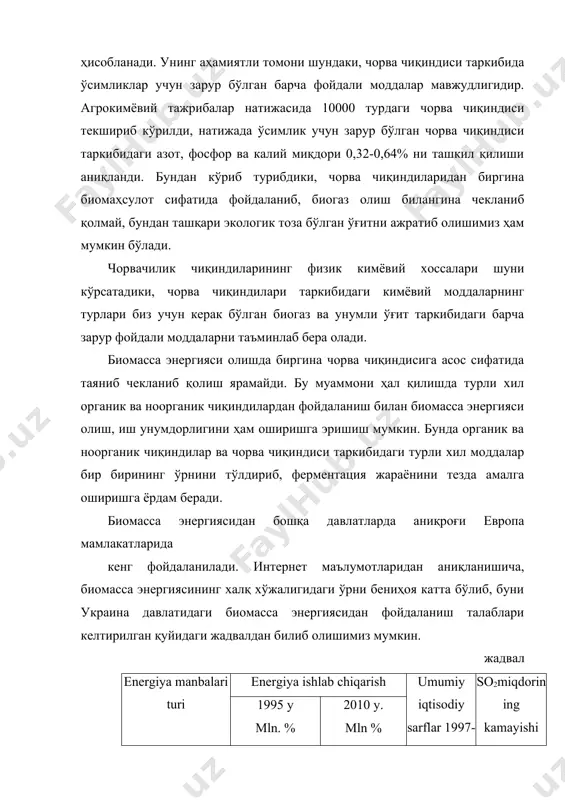 гияси тўртинчи ўринда туриб, йилига 1250 т.у.т. млн. энергия етказиб бермоқда. биомасса энергиясининг украина давлатидаги улушларини қуйидаги жадвалдан билиб олишимиз мумкин. жадвал улкан гидроэнергетика 78,8% шамол энергетикаси 0,2% биоэнергетика 17,79% геотермаленергетика 0,07% кичик гидроэнергетика 3,1% қуёш иссиқлик коллекторлари 0,04% жами 100% кейинги жадвалдан эса украинадаги энергия стратегиясининг 2030 йилгача бўлган ҳолатларини кўришимиз мумкин. жадвал ko’rsatkich lar texnik potensial 2001 2010 2020 2030 mln t u. t % mln t u. t % mln t u. t % mln t u. t % mln t u. t % shamol energiyasi 15,0 23,8 0,012 0,2 0,59 0,3 4,29 18,9 8,9 25,9 fotoelektrik energetika 2,0 3,2 - - 0,009 0,09 0,23 1,0 0,72 2,1 kichik gidroenerge tika 3,0 4,8 0,17 3,1 0,15 1,6 0,48 2,1 0,65 1,9 ulkan gidroenerge tika 7,0 11,1 4,36 78,69 4,8 51,2 5,6 24,6 6,53 18,7 quyosh issiqlik kollektorlari 4,0 6,4 0,002 0,04 0,12 1,2 0,7 3,1 1,96 5,6 …