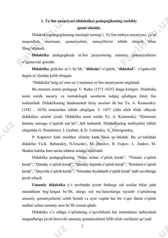 tomonlama tarbiyalash maqsadlariga javob beruvchi umumiy qonuniyatlarni bilib olish vazifasini qo’yadi. didaktikada ta’limni tashkil etishning umumiy masalalari, o’qitish jarayonining mohiyati, ta’limning mazmuni, o’qitish qonuniyatlari, o’qitish tamoyillari, metodlari, uning tashkiliy shakllari yoritiladi. o’qitish jarayoni pedagogning o’rgatuvchilik faoliyatini va ta’lim oluvchilarning maxsus tashkil etilgan bilish faoliyatini o’z ichiga oladi. shu o’rinda bu jarayonlarning tahliliga e’tibor qarataylik. ta’limda o’qituvchining boshqaruvchilik roli o’z kasbining ijtimoiy asoslaridan kelib chiqib, ajdodlarining boy tajribasini, insoniyatning asrlar davomidagi bilish, mehnat, muloqot, umumiy aloqalar, estetik hamda axloqiy qarashlar jarayonida qo’lga kiritgan yutuqlarni egallashni shart qilib ko’yadi. didaktika va metodika mustahkam aloqa hamda o’zaro bog’liqliklikda joylashadi. didaktika o’qitishning umumiy qonuniyatlarini o’rganadi. aniq bir predmetni o’qitishning o’ziga xos xususiyatlari xususiy metodikalarda ishlab chiqiladi. xususiy didaktika-muayyan o’quv fanlarini o’qitish qonuniyatlari, usullari, vositalari, shakllari va yo’llarini o’rgatuvchi metodika (tadris) fanlari ham pedagogika fanlari turkumining asosiy sohalaridan biri bo’lib hisoblanadi. u umumiy didaktika yutuqlari asosida rivojlanadi va uning nazariy umumlashmalariga asoslangan holdagina takomillashib boradi. …