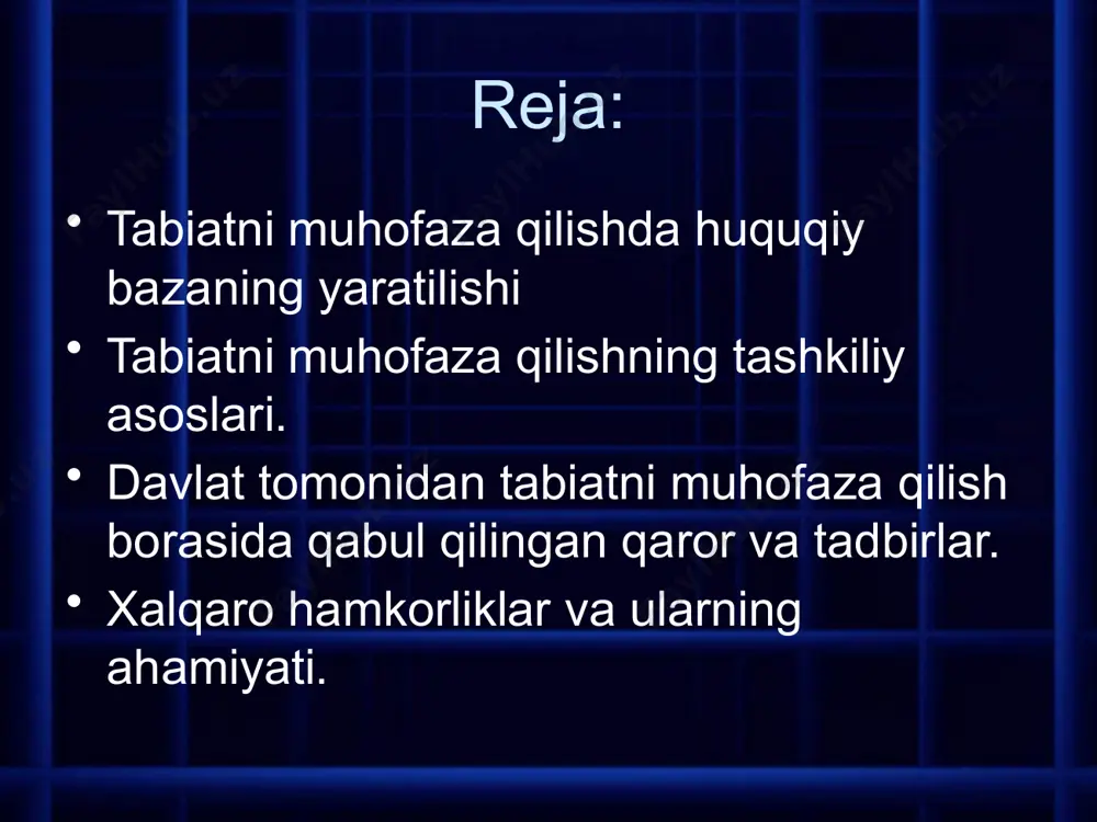 za qilishga taalluqli qonunlar ijrosini muvofiqlashtirib borish va boshqalar kiradi. asosiy qonundan tabiat muhofazasining ayrim sohalari bo`yicha ham maxsus qonunlar qabul qilingan. “alohida qo`riqlanadigan tabiiy hududlarni muhofaza qilish to`risida”gi qonun asosan umumiy boyligimiz bo`lgan noyob va qimmatli tabiat majmualarini ekologik, iqtisodiy, madaniy, ilmiy, soliqni saqlash nuqtai nazaridan saqlashni asoslaydi. shuningdek, 1990 yil 20 iyunda o`zbekiston respublikasining “sanitar nazorati to`risida”, “yer to`risida” qonunlari qabul qilindi, ularga o`zbekiston respublikasi oliy majlisining 1991 yil 20 noyabrdagi, 1993 yil 7 maydagi, 1994 yilning 6 may va 23 sentyabrdagi kengashlarida o`zgartirishlar kiritilgan. ushbu qonunlar erdan oqilona foydalanish va erni muhofaza qilish, tuproq hosildorligini qayta tiklash, tabiiy muhitni saqlash va yaxshilashga qaratilgan. o`zbekiston respublikasining “suv haqidagi va suvdan foydalanish” to`risidagi qonuni 1993 yil 6 mayda qabul qilindi. uning vazifasi suvdan foydalanishni tartibga solish, aholi va xalq xo`jaligi ehtiyojlari uchun suvdan oqilona foydalanish, suvning ifloslanishi, kamayishi, iflos suvning zararli ta`siri haqida ogohlantirish va ularni zararsizlantirish, suv havzalarining …