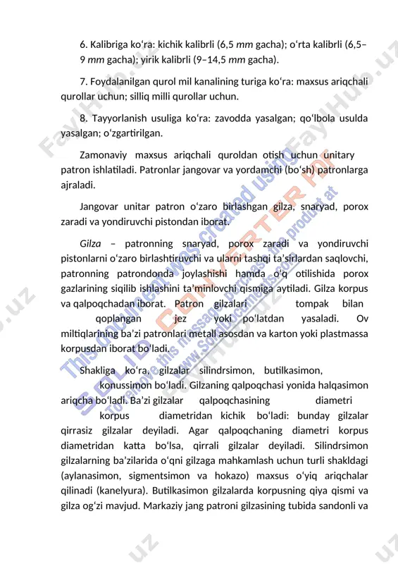 patronning patrondonda joylashishi hamda o‘q otilishida porox gazlarining siqilib ishlashini ta’minlovchi qismiga aytiladi. gilza korpus va qalpoqchadan iborat. patron gilzalari tompak bilan qoplangan jez yoki po‘latdan yasaladi. ov miltiqlarining ba’zi patronlari metall asosdan va karton yoki plastmassa korpusdan iborat bo‘ladi. shakliga ko‘ra, gilzalar silindrsimon, butilkasimon, konussimon bo‘ladi. gilzaning qalpoqchasi yonida halqasimon ariqcha bo‘ladi. ba’zi gilzalar qalpoqchasining diametri korpus diametridan kichik bo‘ladi: bunday gilzalar qirrasiz gilzalar deyiladi. agar qalpoqchaning diametri korpus diametridan katta bo‘lsa, qirrali gilzalar deyiladi. silindrsimon gilzalarning ba’zilarida o‘qni gilzaga mahkamlash uchun turli shakldagi (aylanasimon, sigmentsimon va hokazo) maxsus o‘yiq ariqchalar qilinadi (kanelyura). butilkasimon gilzalarda korpusning qiya qismi va gilza og‘zi mavjud. markaziy jang patroni gilzasining tubida sandonli va yondirish tuynukli uyacha bor. ba’zi ov patronlarining gilzasida pistonlar uchun maxsus teshiklar mavjud. gilzalarning tagida markirovka belgilari bo‘ladi. snaryad – patronning qurol mili kanalidan uloqtirib yuborilayotgan jarohatlovchi elementidir ( o‘q, sochma o‘q, pitra). o‘q – silindrsimon yoki soqqasimon snaryadlardir. silindrsimon …
