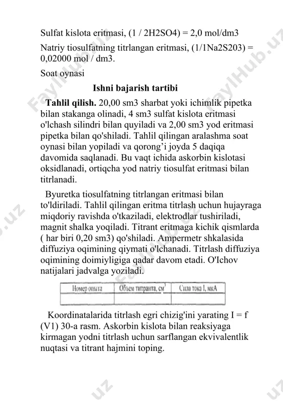 ng qiymati o'lchanadi. titrlash diffuziya oqimining doimiyligiga qadar davom etadi. o'ichov natijalari jadvalga yoziladi. koordinatalarida titrlash egri chizig'ini yarating i = f (v1) 30-a rasm. askorbin kislota bilan reaksiyaga kirmagan yodni titrlash uchun sarflangan ekvivalentlik nuqtasi va titrant hajmini toping. hisoblash. askorbin kislotaning tarkibi 20,00 sm3 napitka yoki sharbat (m, g) formula bo'yicha hisoblanadi: bu yerda (1/212) va (1 1na2s203) - yod va natriy tiosulfat eritmalarining molyar koptsentrlari, mol/dm'; v (i2) va v(na2s203) - yod va natriy tiosulfat eritmalarining hajmi, sm3; m(1/2c6h8o6) – askorbin kislota ekvivalentining molyar massasi, g/mol. laboratoriya ishi nº 61 sharobdagi cu2 + ta'rifi uzumdagi сu2+ miqdori past, ammo uzumzorlarni davolash uchun asal sulfatidan foydalanish tufayli sharobda katta miqdordagi cu2+ mavjud. mis va bronza qismlarga ega qurilmalar va mashinalarni tayyorlash va qayta ishlash paytida cu2+ ni sharobga qayta kiritish ham mumkin. cu2+ sharob nuqsonlariga olib keladi va oksidlanish jarayonlarida ishtirok etadi. ko'p miqdorda cu2+ tarkibi zaharlanishni keltirib …